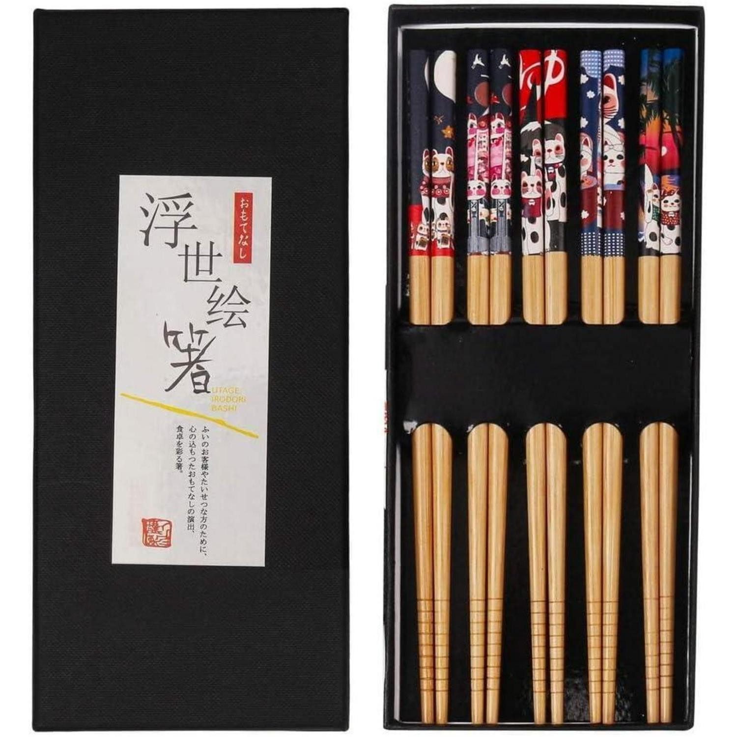 LuxusKollektion Essstäbchen 5 Paar Bambus Essstäbchen Japanisch Sushi Stäbchen Schwarz Luxus-Box
