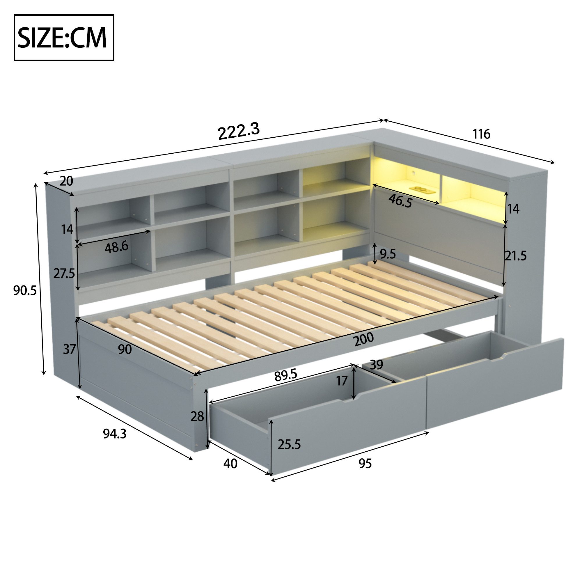 Celya Holzbett Massivholzsofa Einzelholzbett 90×200 cm Mit LED-Leiste (ohne Matratze, Bett mit USB- und Steckdose), Mit Regalen und Ablagefächern, Viel Stauraum