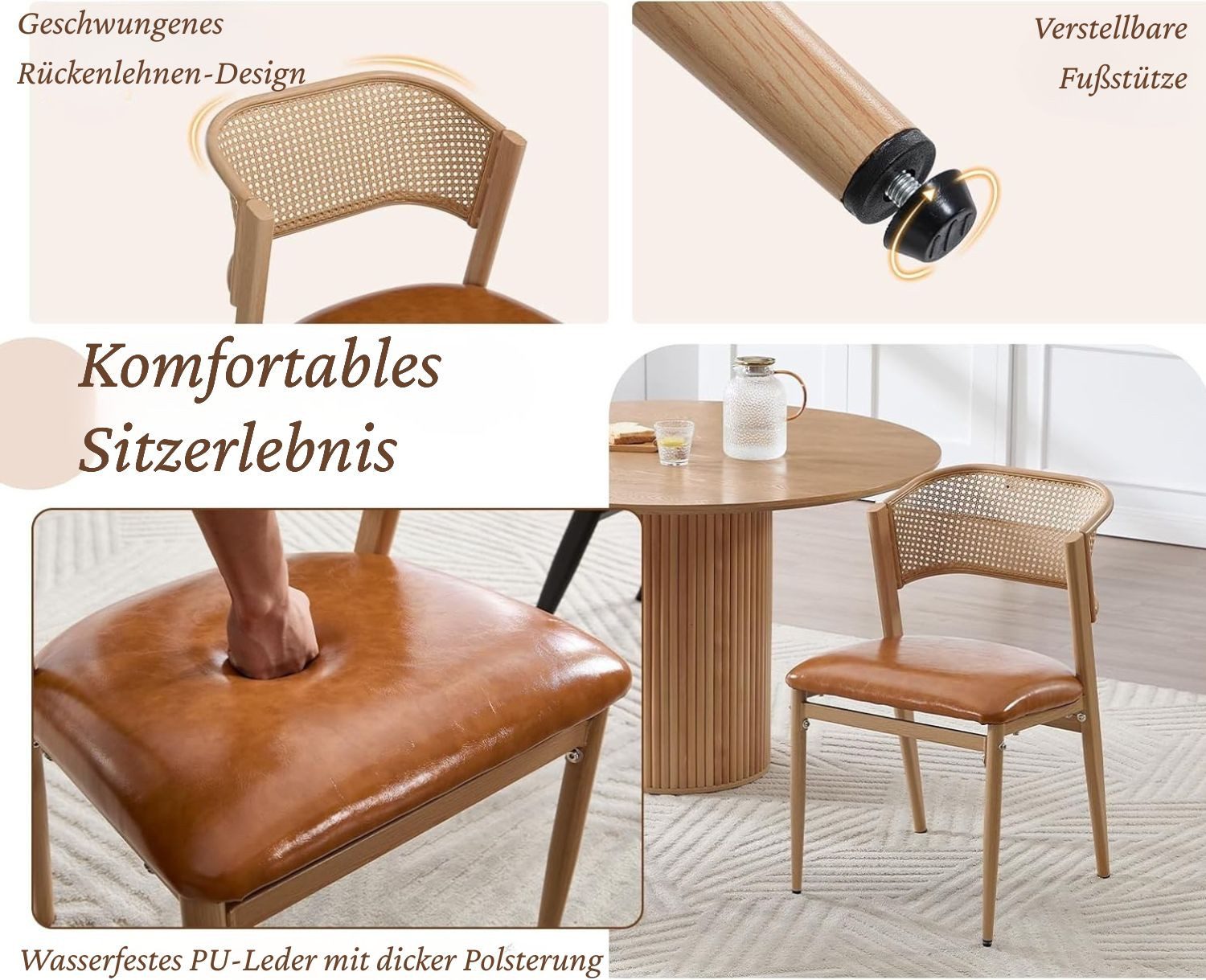 WAHSON OFFICE CHAIRS Esszimmerstuhl 2er Set Rattan-Esszimmerstühle, gepolstert, Leinen, Metallbeine – Bild 5 von 5