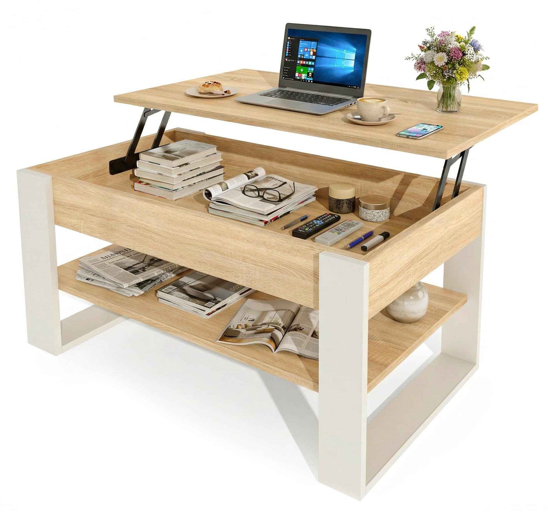 TREND WERK Couchtisch Lift-Couchtisch höhenverstellbar Sofatisch 92×54 cm mit Stauraum, verstecktem Fach Wohnzimmertisch Holz modern