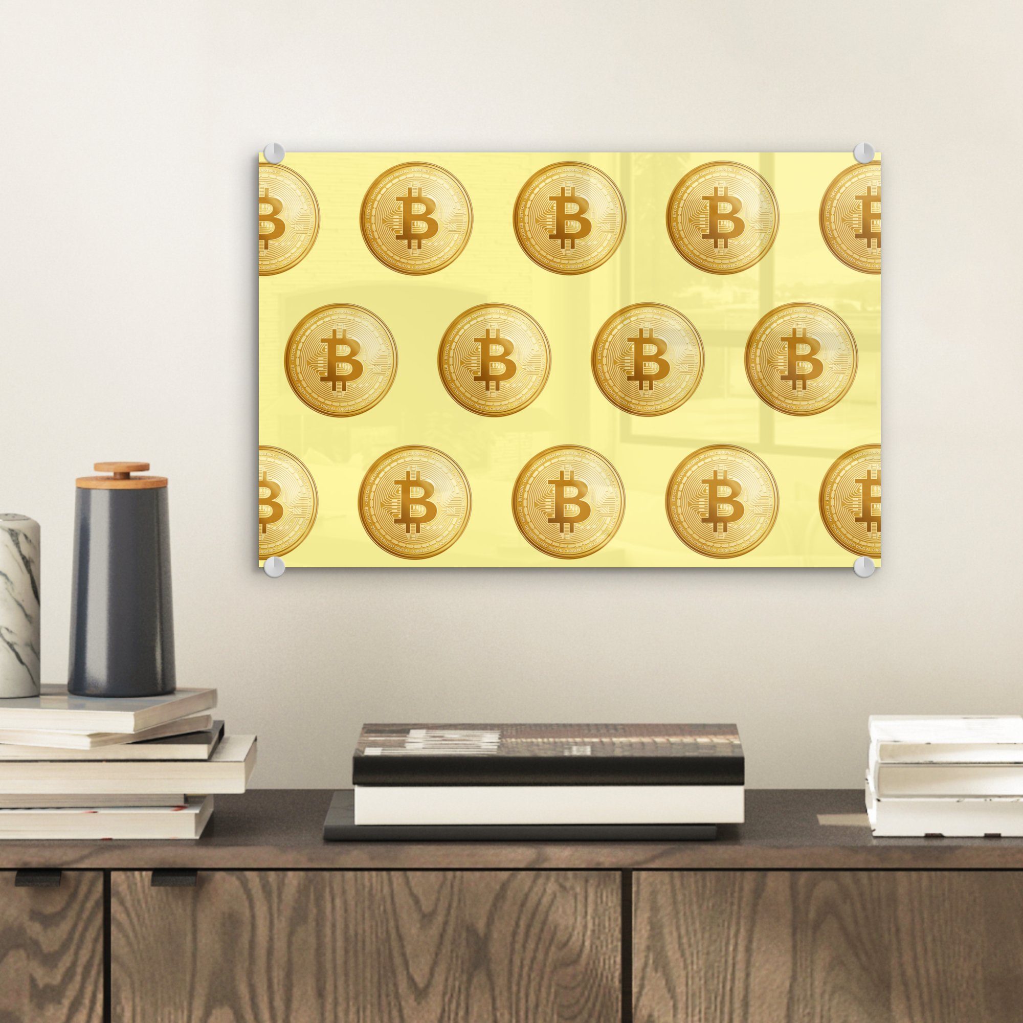 auf auf - Gelb, Foto - Bitcoin - (1 Glasbilder - Muster Glas Gold MuchoWow Wanddekoration Wandbild Glas St), - Acrylglasbild Bilder -