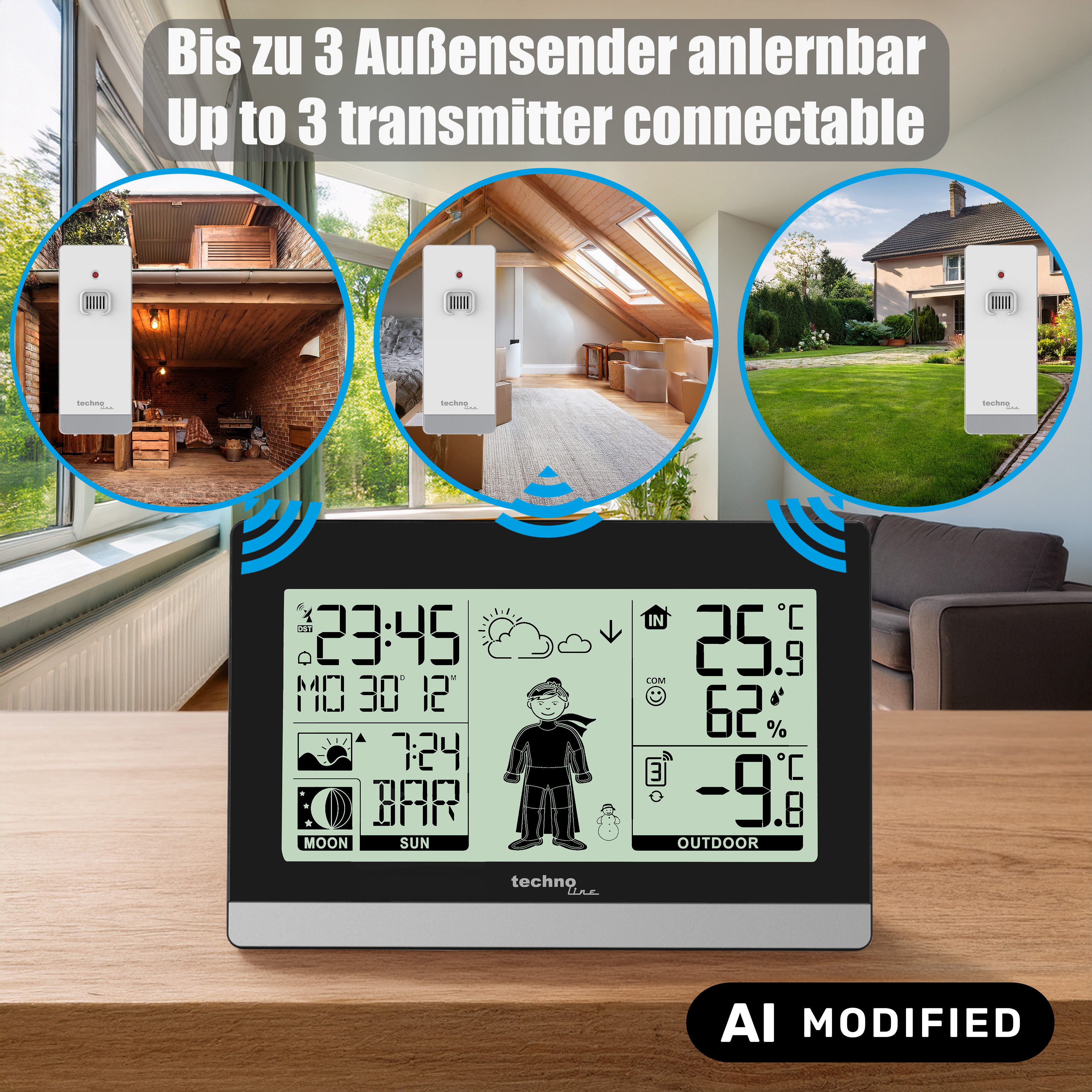 technoline WS 9612 Wetterstation (inklusive Außensender, mit "Wettermännchen“ zieht sich dem Wetter entsprechend an)