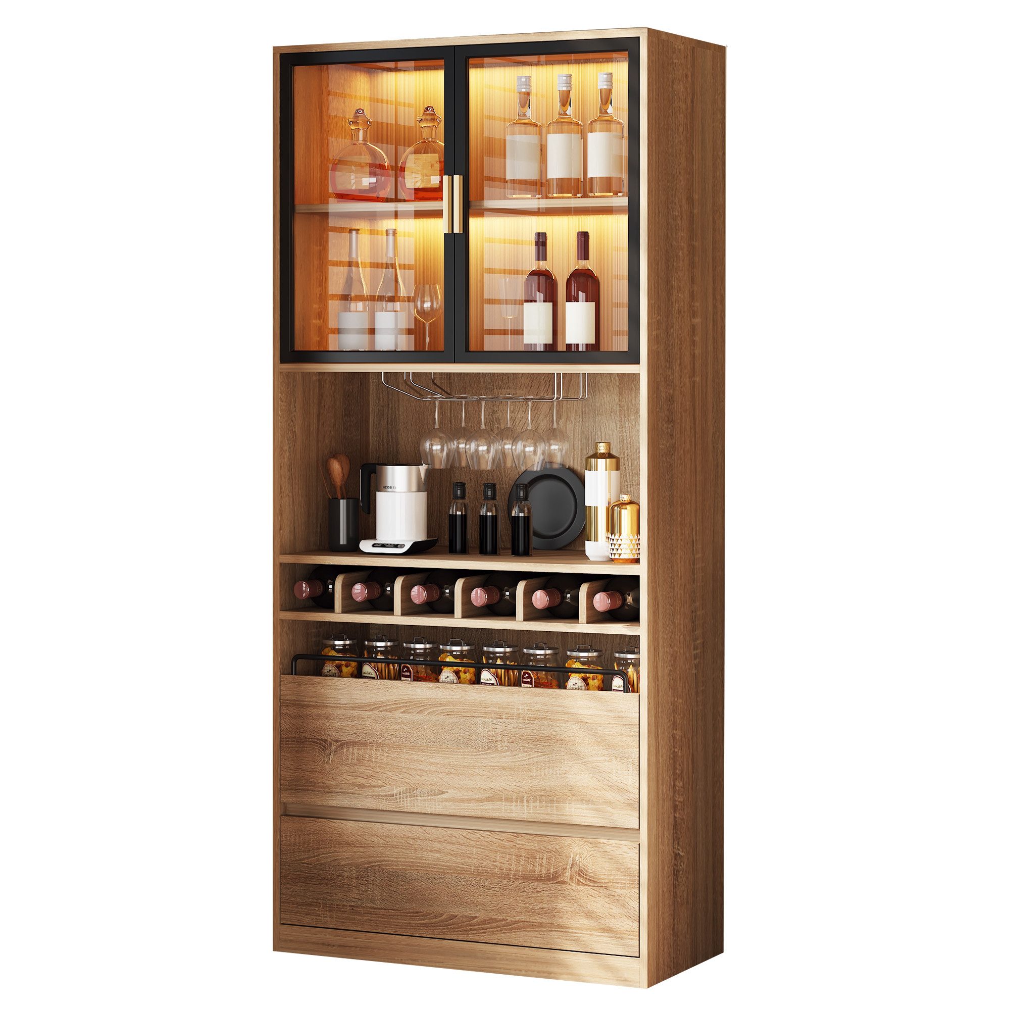 MODFU Highboard mit Glastüren (Vitrinenschrank, Badezimmerschrank, 1 St., einfache Montage), mit LED-Beleuchtung, modernes Design für Badezimmer und Wohnräume