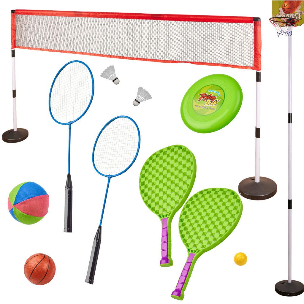 Ikonka Spiel Sportset Ballspielset Gartenspielzeug, Sport-Set 5in1, 5in1-Set, Netz 206 cm, Korb 227 cm, ab 6 Jahren