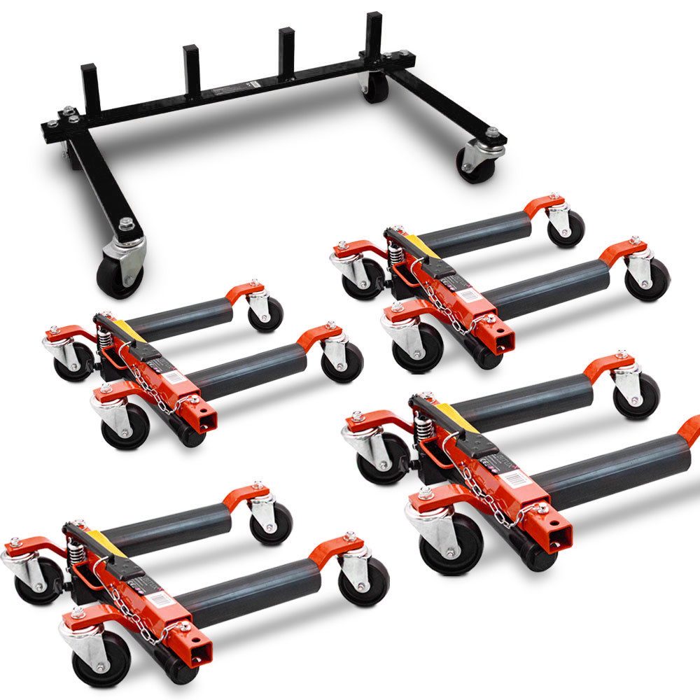Bituxx Rangierwagenheber 4x Bituxx Rangierhilfe inkl. Wagenheber Rot mit Transportständer, Spar-Set, 5-tlg., MS-19880