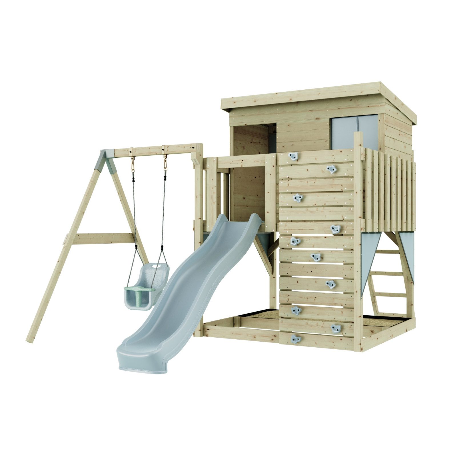 OutdoorToys Spielturm Tjorven aus Holz in Eisblau mit Babyschaukel & Rutsche, Kletterwand, aus Holz in Eisblau mit Babyschaukel & Rutsche, Kletterwand