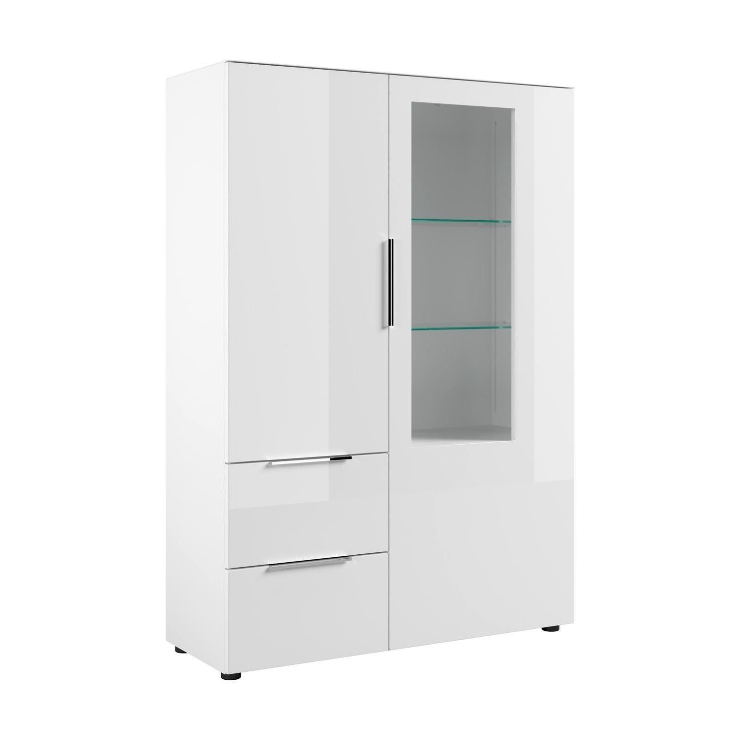 Bega Consult Highboard SANTORIN, Weiß matt, Weißglas, 2 Türen, 2 Schubladen, mit LED-Beleuchtung, B 105 x H 151 x T 40 cm