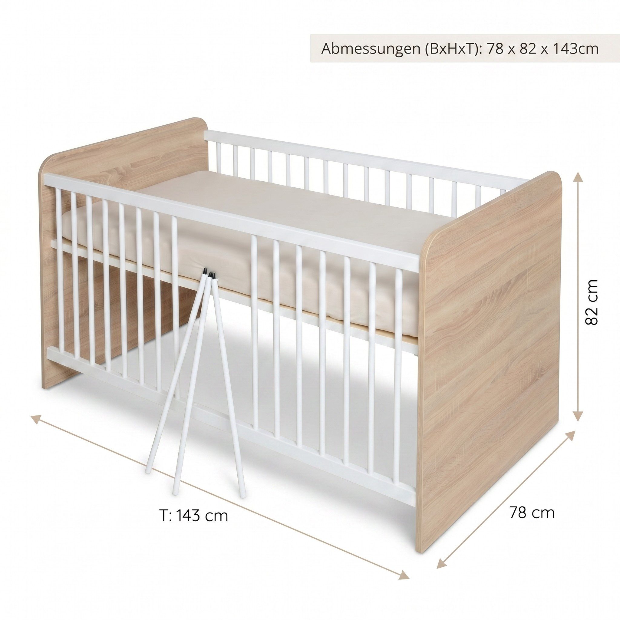 bv-vertrieb Kinderbett Babybett Eiche Sonoma weiss Dekor Kinderbett 78 x 82 x 143 #2728, Lattenrost 3-fach verstellbar