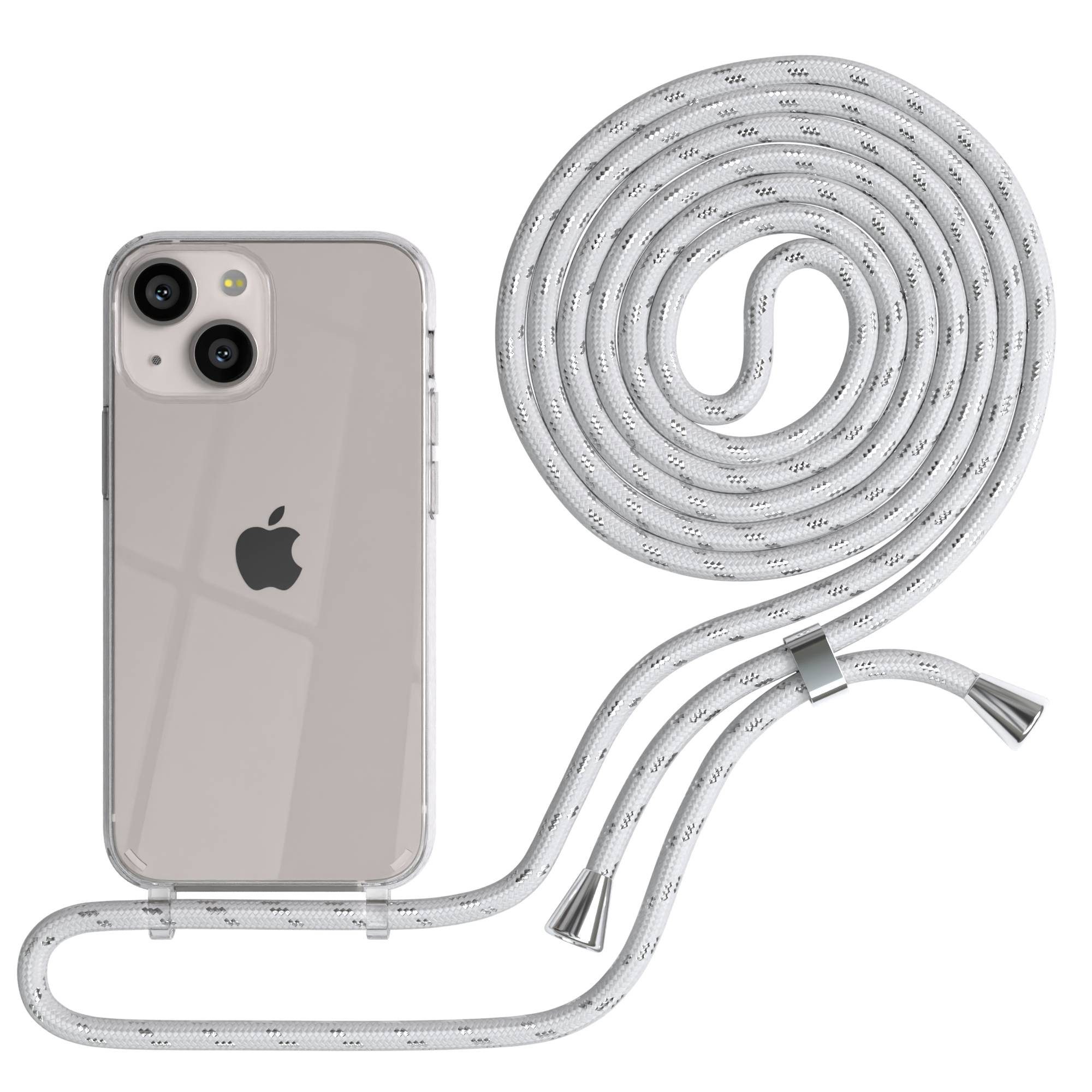 EAZY CASE Handykette Hülle mit Kette für Apple iPhone 13 Mini 5,4 Zoll, Hülle Smartphonekette für Unterwegs Festivalhülle Transparent Weiß