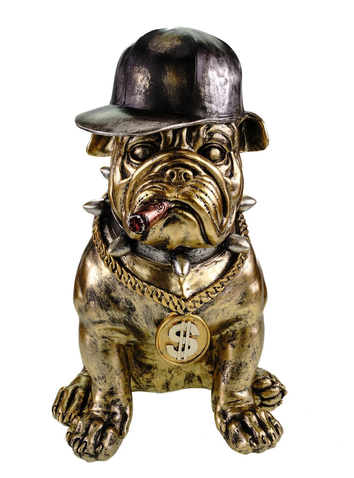 Dekofigur XL Bulldogge mit Cap und Zigarre 33cm Moderne Dekofigur Polyresin