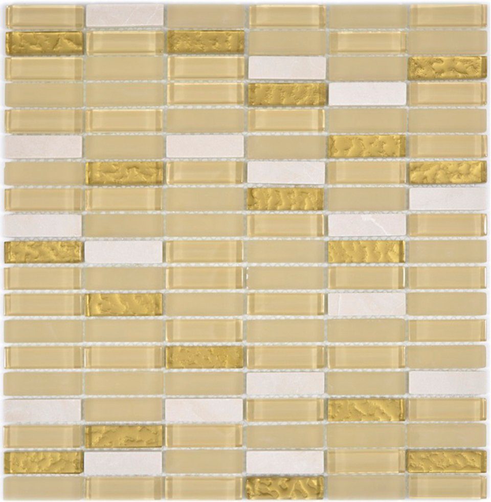 Mosani Mosaikfliesen Riemchen Rechteck Mosaikfliesen Glasmosaik weiß gold