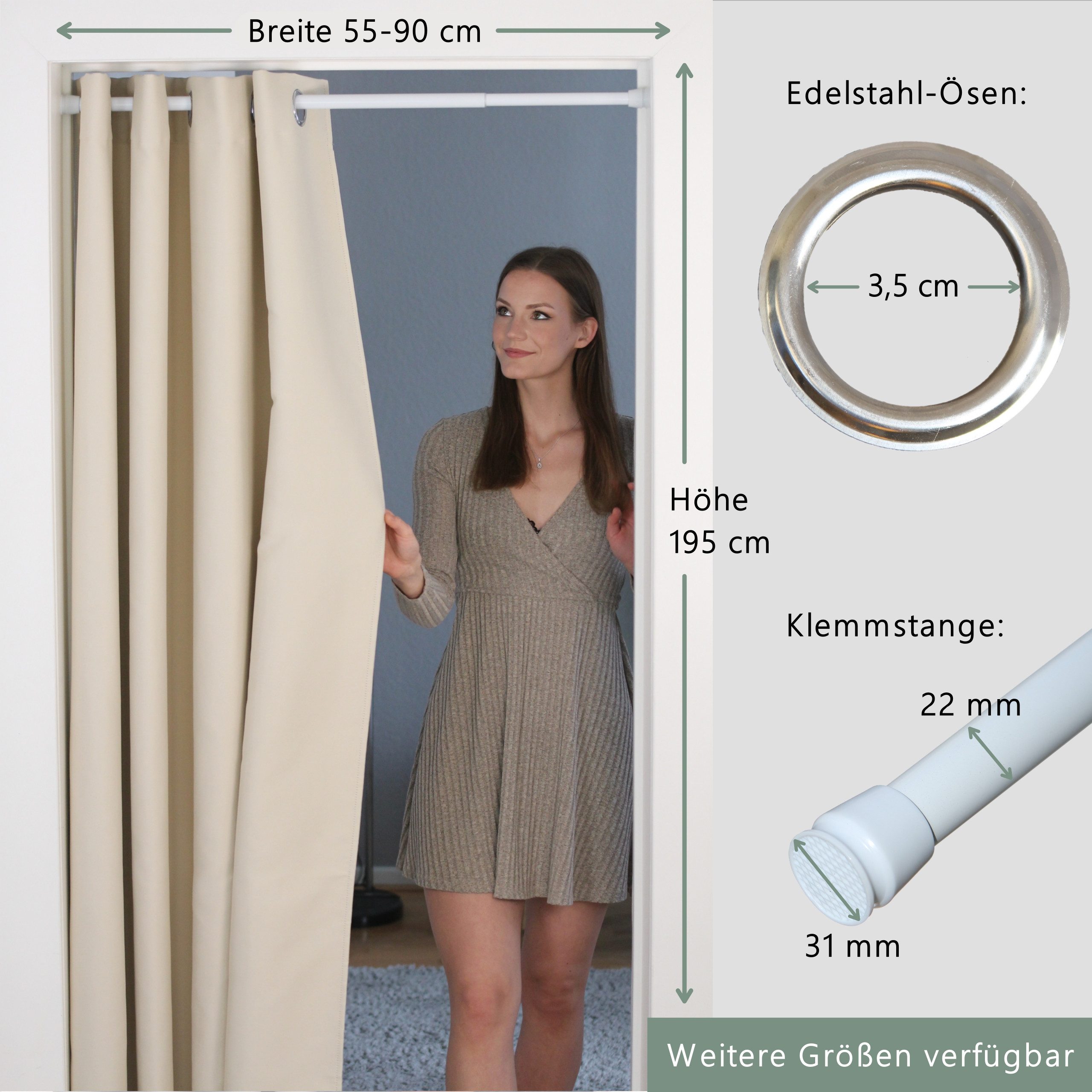 tinycurtains Türvorhang mit Stange weiß 55-90 cm ohne Bohren, Thermo Vorhang Tür, Ösen, abdunkelnd, Polyester, beige Driftwood, Türgardine mit Klemmstange Raumtrenner verdunkelnd