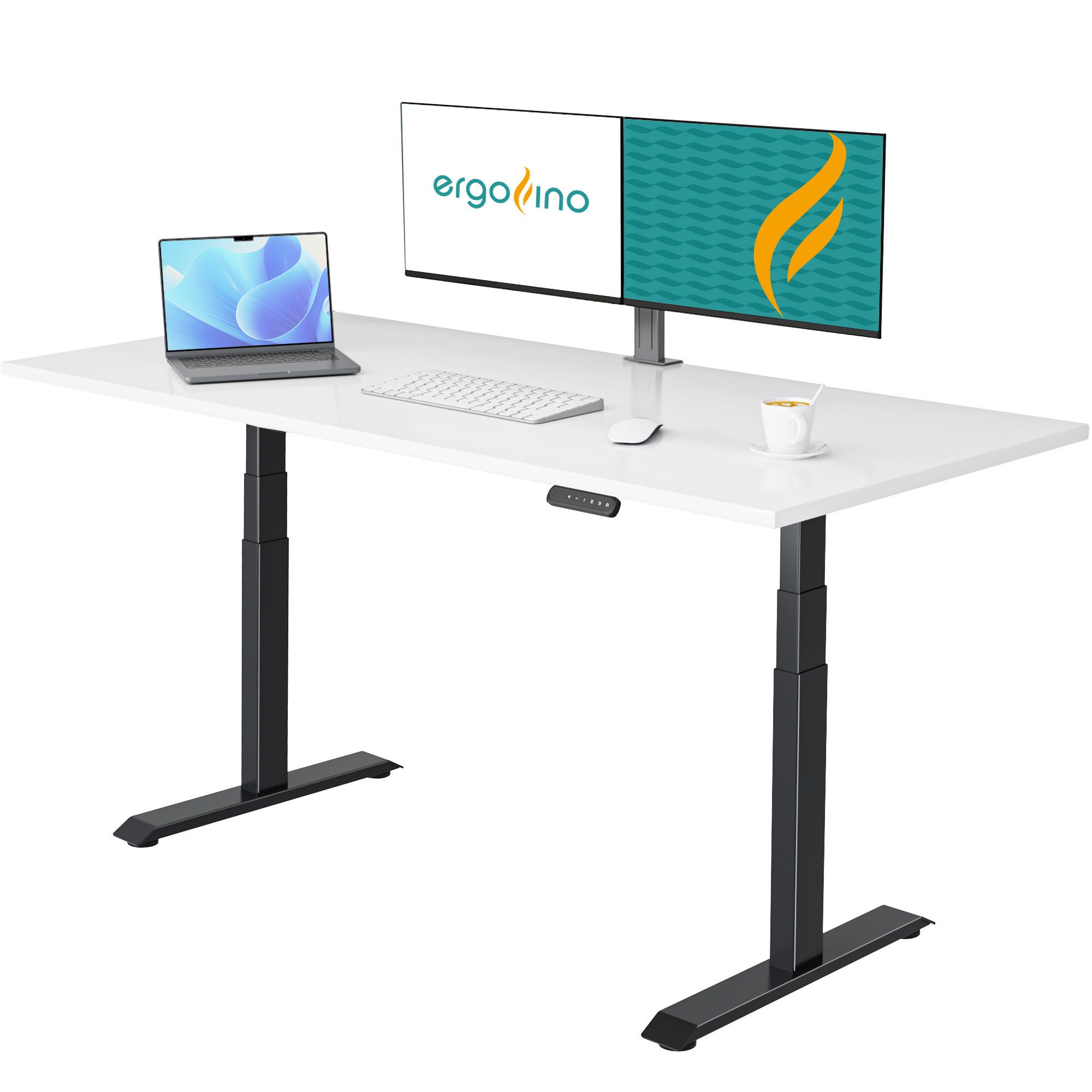 ERGOFINO Schreibtisch Elektrisch höhenverstellbarer Schreibtisch DT30 (höhenverstellbarer Schreibtisch 180x80 cm, elektrisch schreibtisch mit GS-Zertifiziert, 2 Motoren, 3-Fach Teleskop, 3 Memoryfunktion), Gestell Schwarz inkl. Weiß Tischplatte