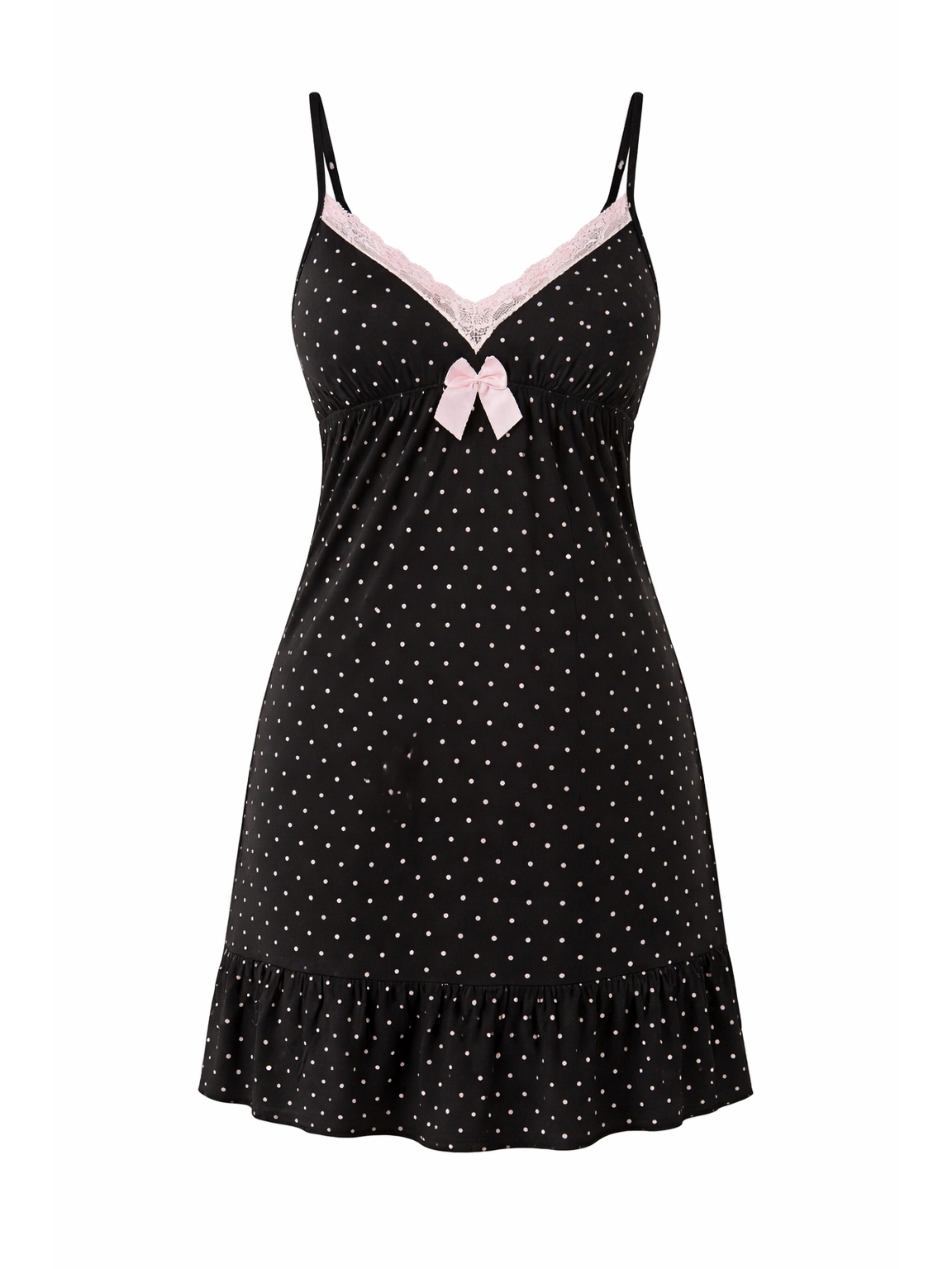 Donna Negligé Nachthemd mit Pünktchen & Spitze mit Spagettiträger, luxeriöse Viskosequalität