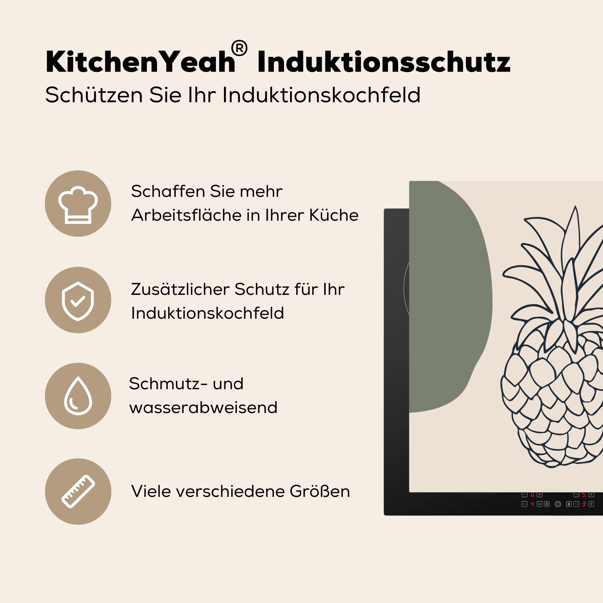 Arbeitsplatte Ananas, küche Herdblende-/Abdeckplatte - Pastell tlg), (1 cm, für Obst Vinyl, 78x78 MuchoWow - Ceranfeldabdeckung,