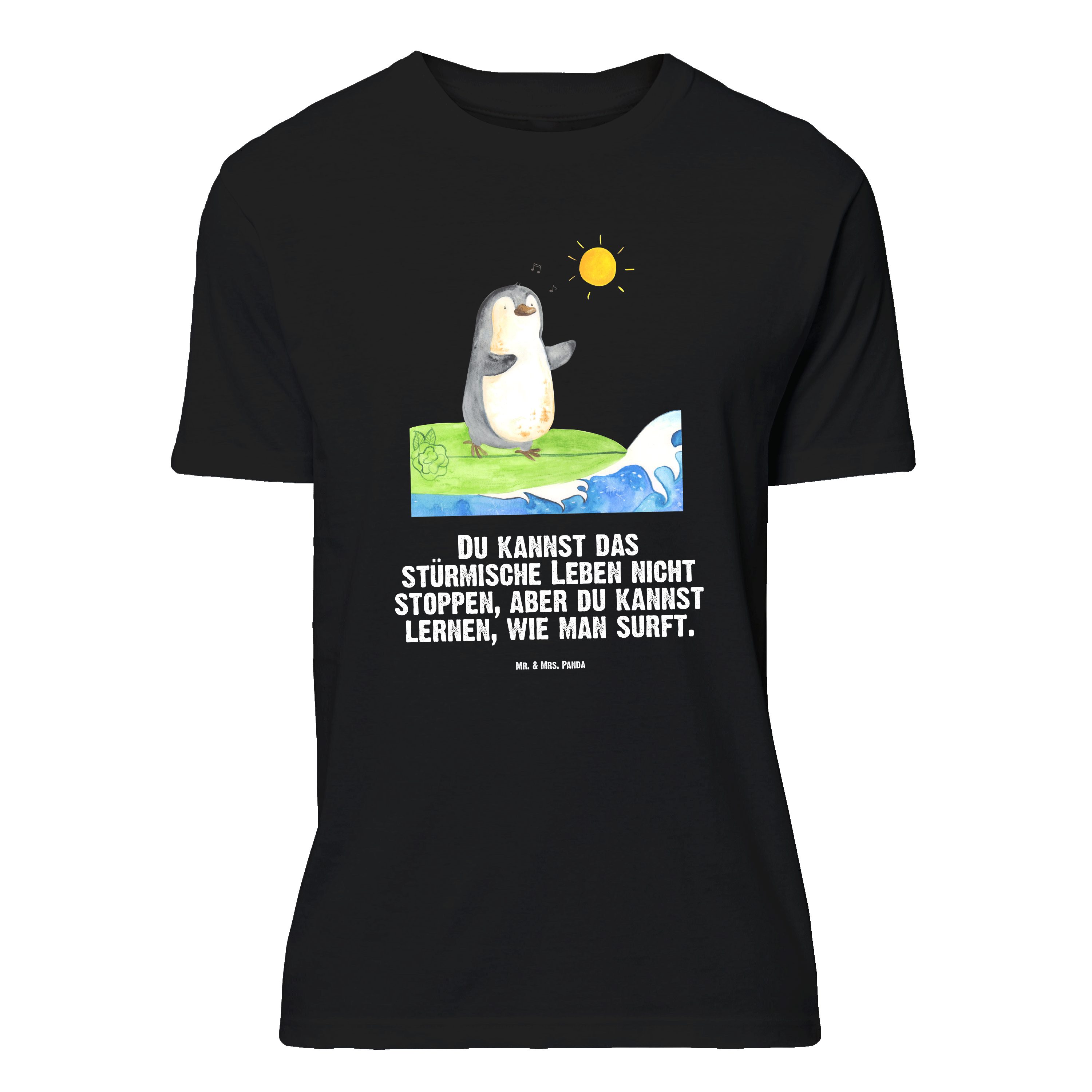 Mr. & Mrs. Panda T-Shirt Pinguin Surfer, Tshirt, Schwarz, Tshirt, T-Shirt, Optimistisch, Urlau (Packung) Motiv-Shirt T-Shirt Größe S Lustiges T-Shirt
