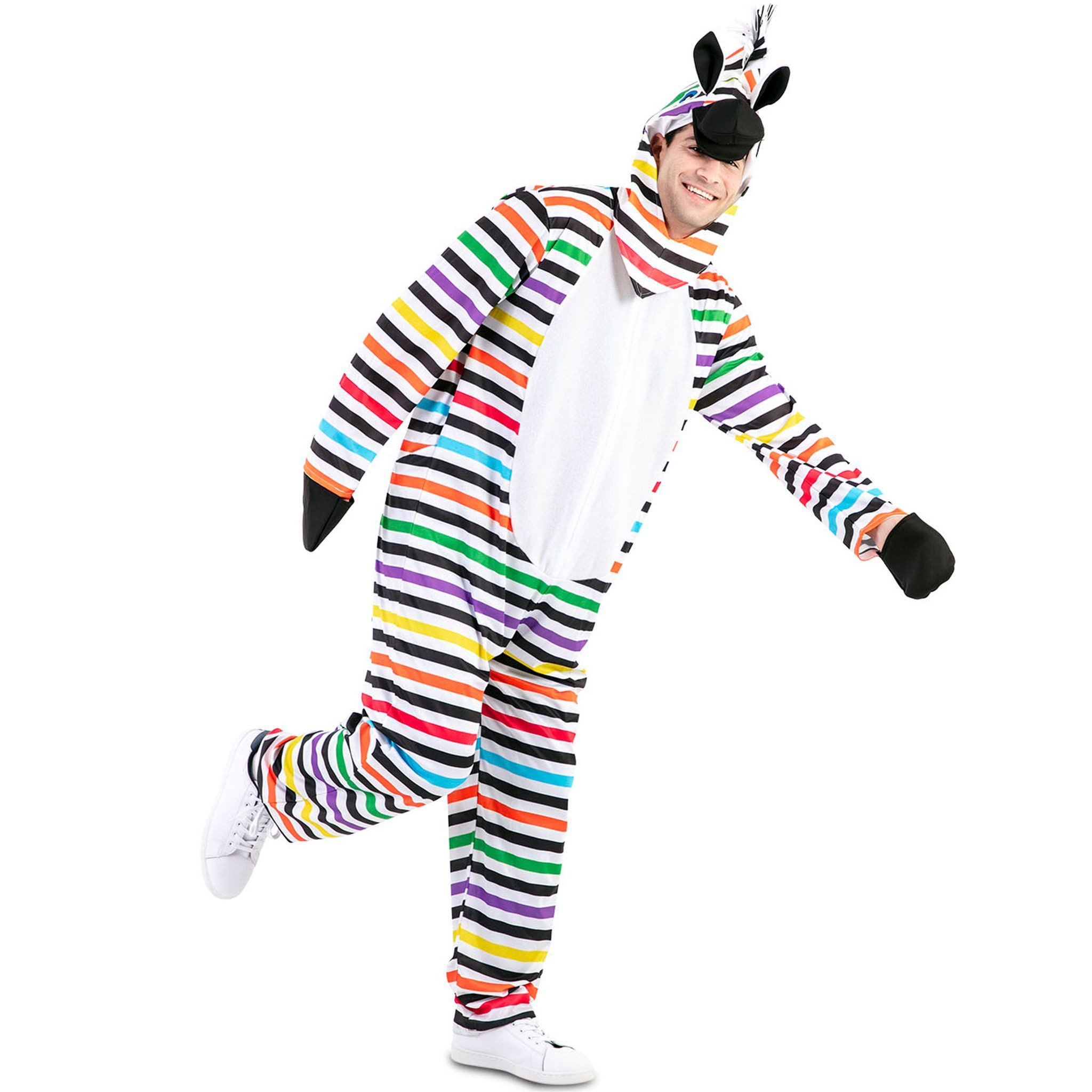 Fyasa Kostüm Rainbow Zottel – bunter Zebra-Overall für Erwachsene
