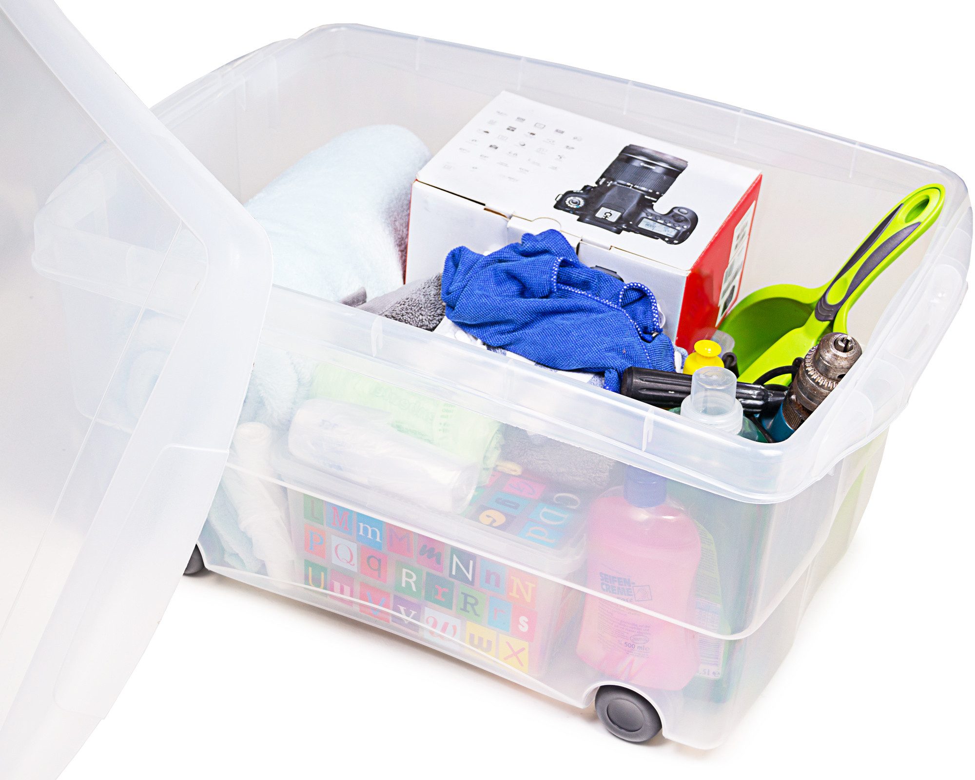 ONDIS24 Aufbewahrungsbox Kunststoffbox, Rollbox, Spielzeugkiste, Aufbewahrungsbox, mit Deckel und Rollen, stapelbar