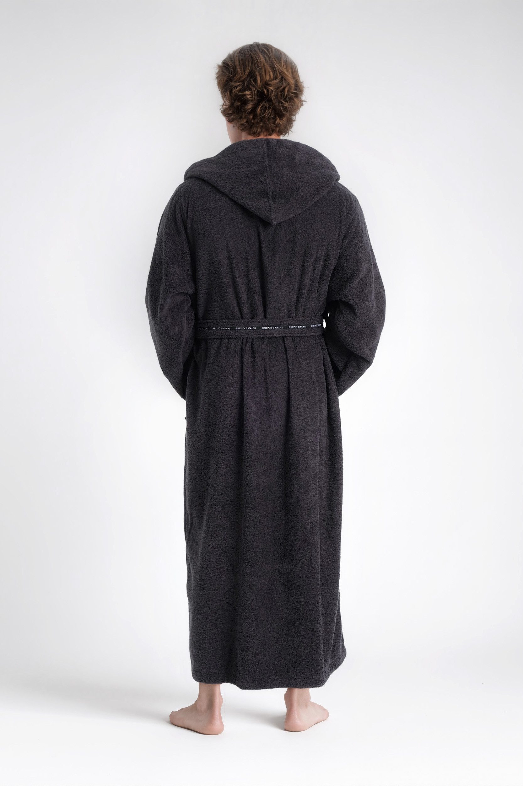 Bruno Banani Herrenbademantel Danny, Normallänge & Überlänge, auch in extra lang, Hotelbademantel, Langform, Walkfrottee, Kapuze, Gürtel, mit Logostreifen, Herren Bademantel aus 100% Baumwolle, S-4XL