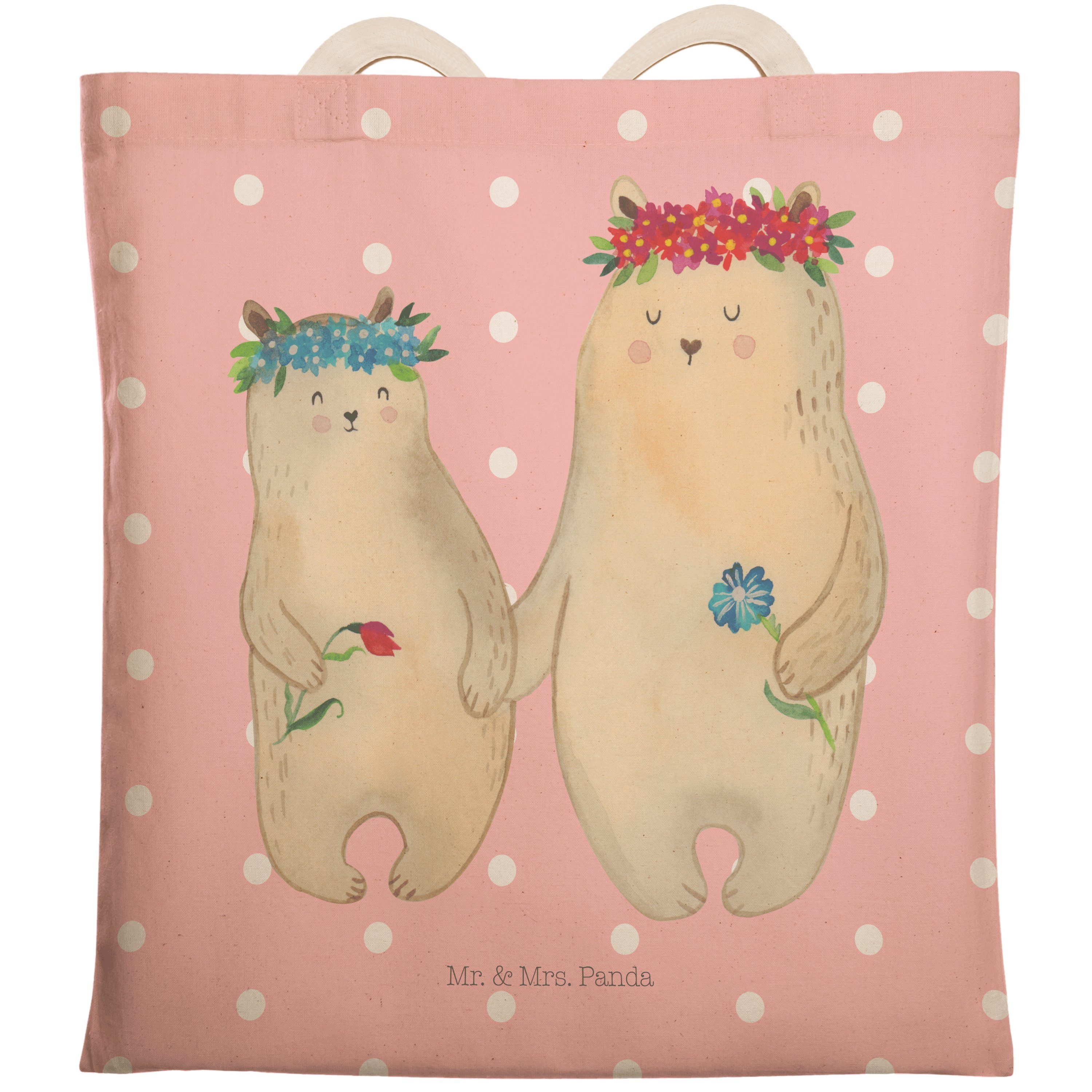 Mr. & Mrs. Panda Tragetasche Bären mit Blumenkranz - Rot Pastell - Geschenk, Mutter, Kind, Umhänge (1-tlg)