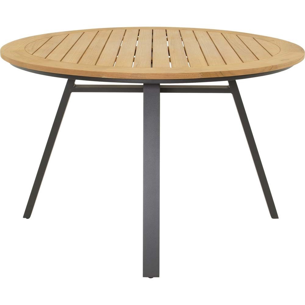 Lesli Living Garten-Essgruppe "Monza" Rund Ø120cm + 4 oder 6 Geflecht-Stühlen, Teakholz, Aluminium, (7-tlg), Sitzkissen, Geflochten, Scandi / Skandi - Boho, Gartenmöbel-Set, Rope