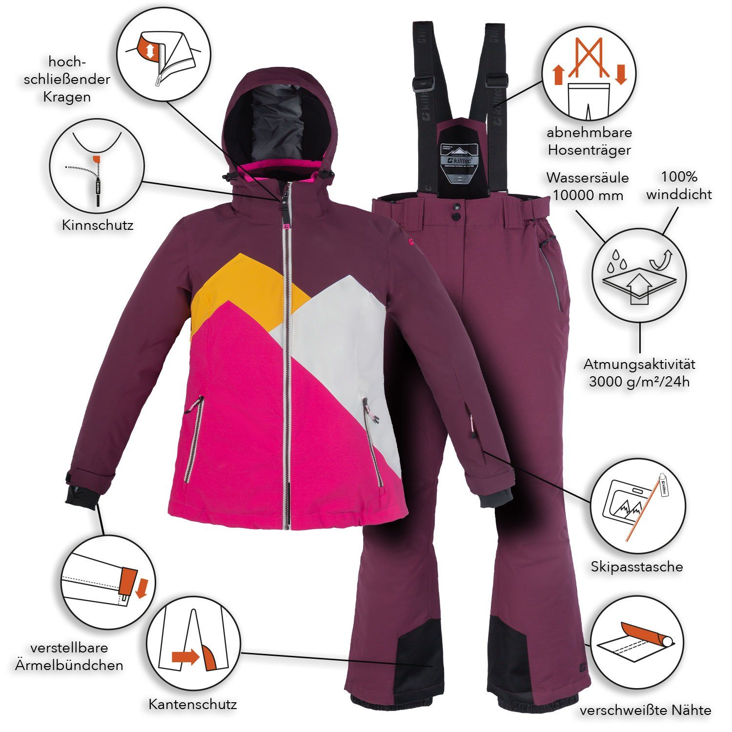 Killtec Skianzug Damen Skijacke + Skihose (lila/gelb, Gr. 46)