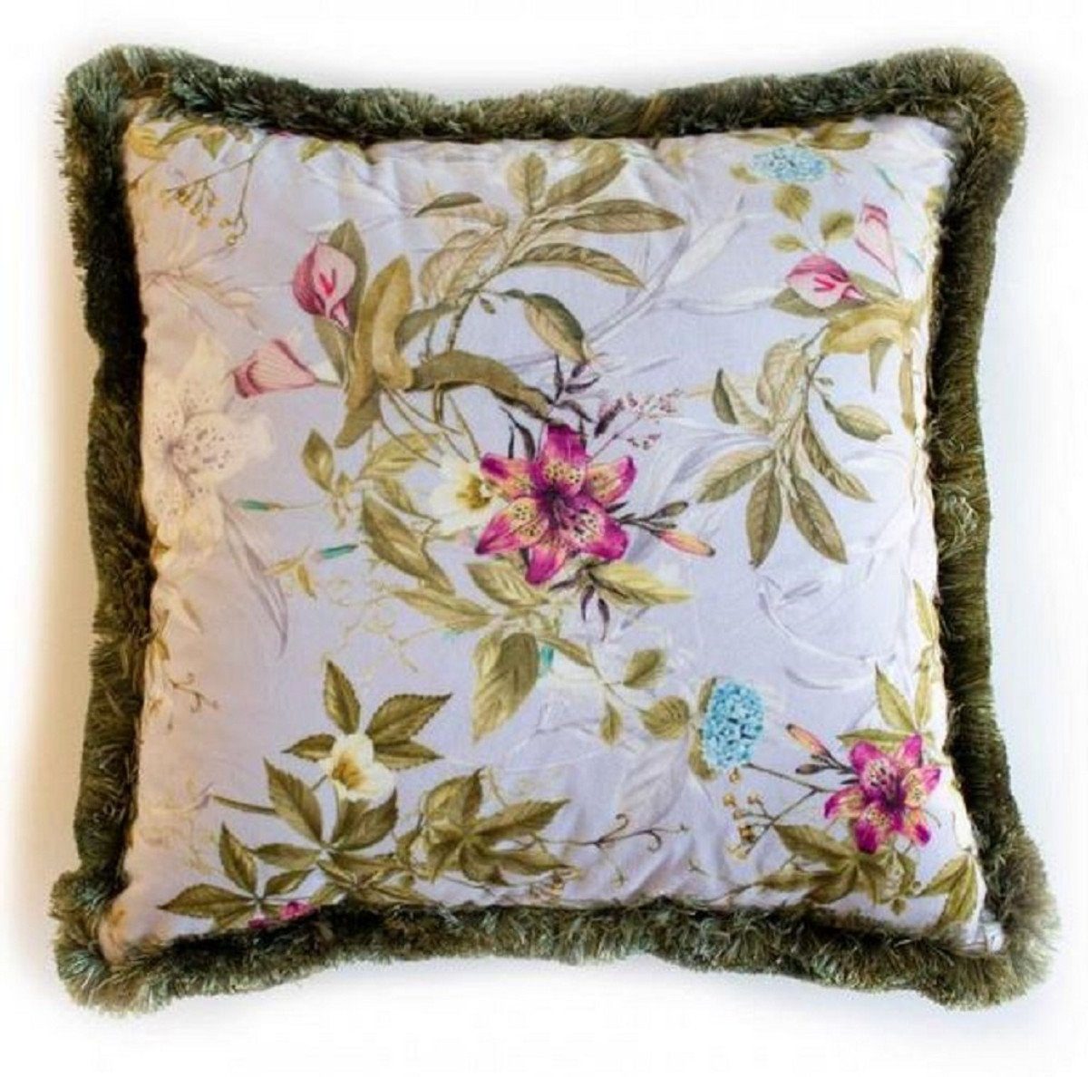 Casa Padrino Dekokissen Luxus Deko Kissen Blumen Design Grau / Mehrfarbig / Grün 45 x 45 cm - Bedrucktes Samt Kissen mit Fransen - Deko Accessoires