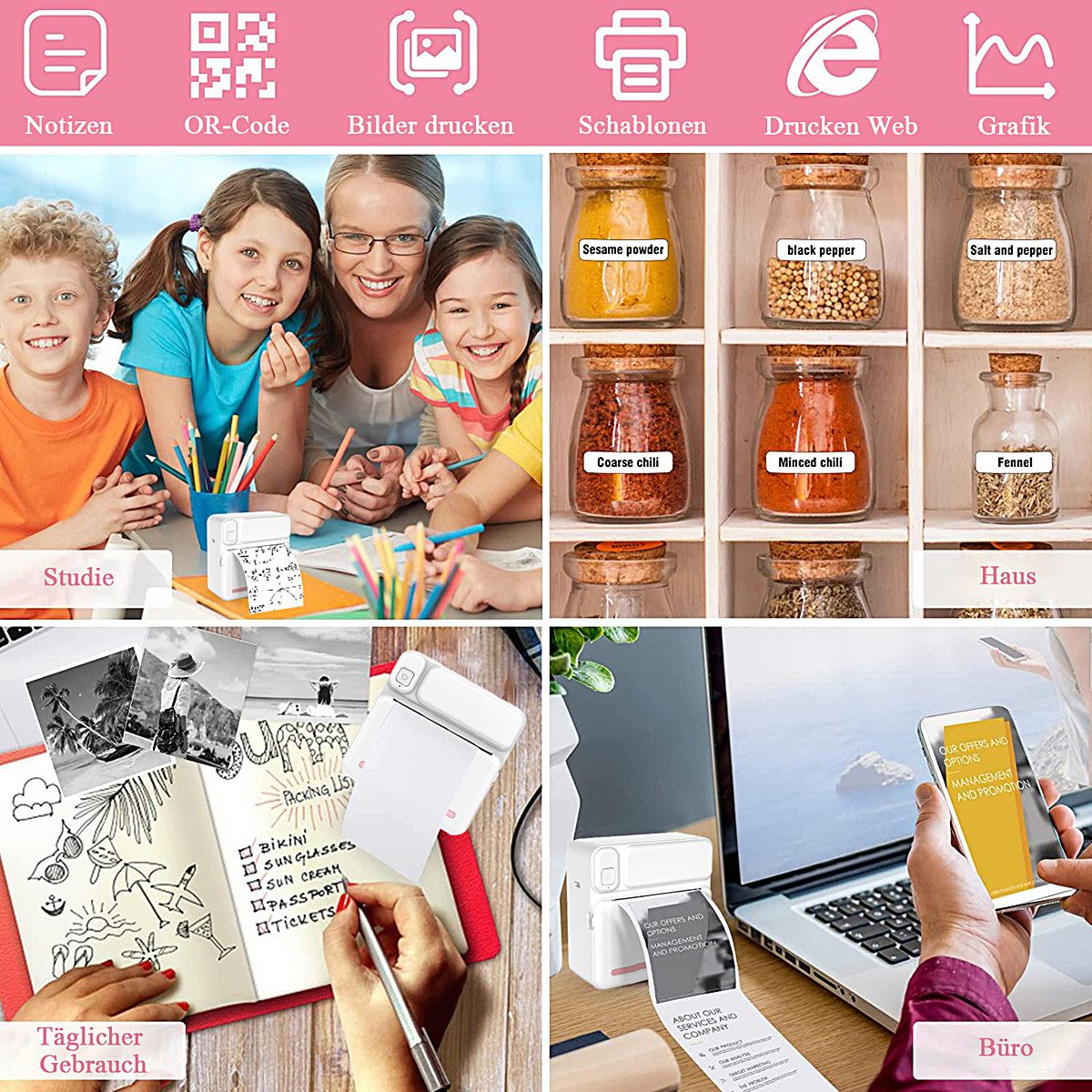 MOPUEA Thermodrucker Kompatibel für iOS Android Etikettendrucker Bluetooth Etikettendrucker, (WLAN (Wi-Fi), Bluetooth-Fotodrucker, 5 Druckpapier 5 selbstklebende Thermopapier 3 Farbdruckpapier 6 Pinsel)