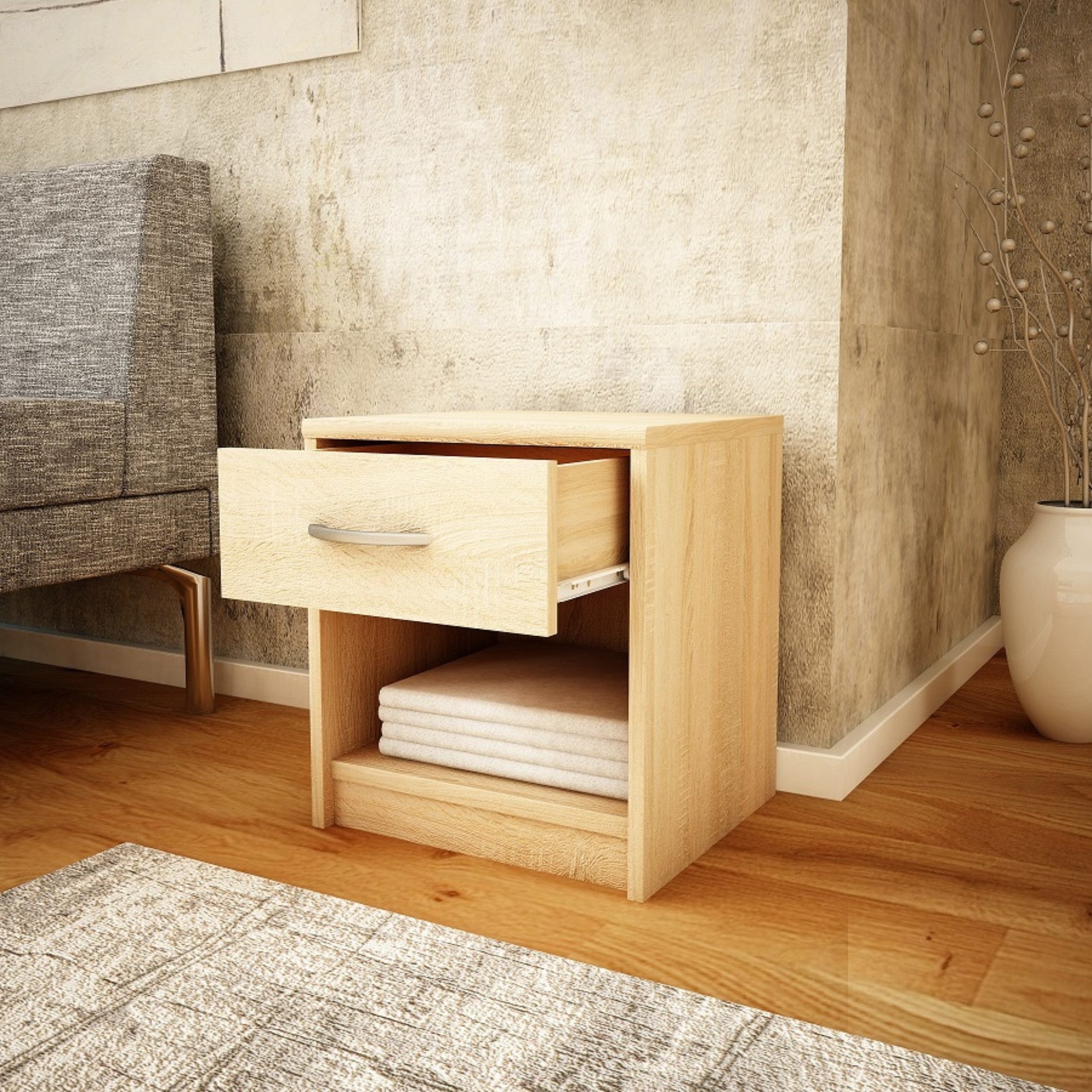 Home Collective Kommode mit 1 Schublade Nachttisch schmal mit matter Oberfläche (strapazierfähige Platte Ideal für Schlafzimmer, Wohnzimmer), 39 cm breit abgerundete Kanten und geräumiger Stauraum sonoma