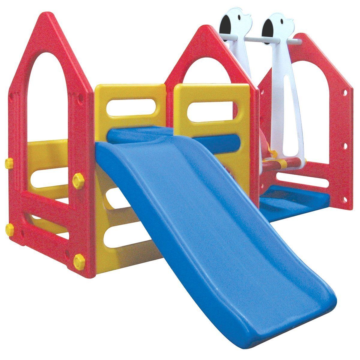 LittleTom Rutsche Kinder Spielhaus mit Rutsche Schaukel Spiel-Turm, 155x135cm Rot Gelb Blau