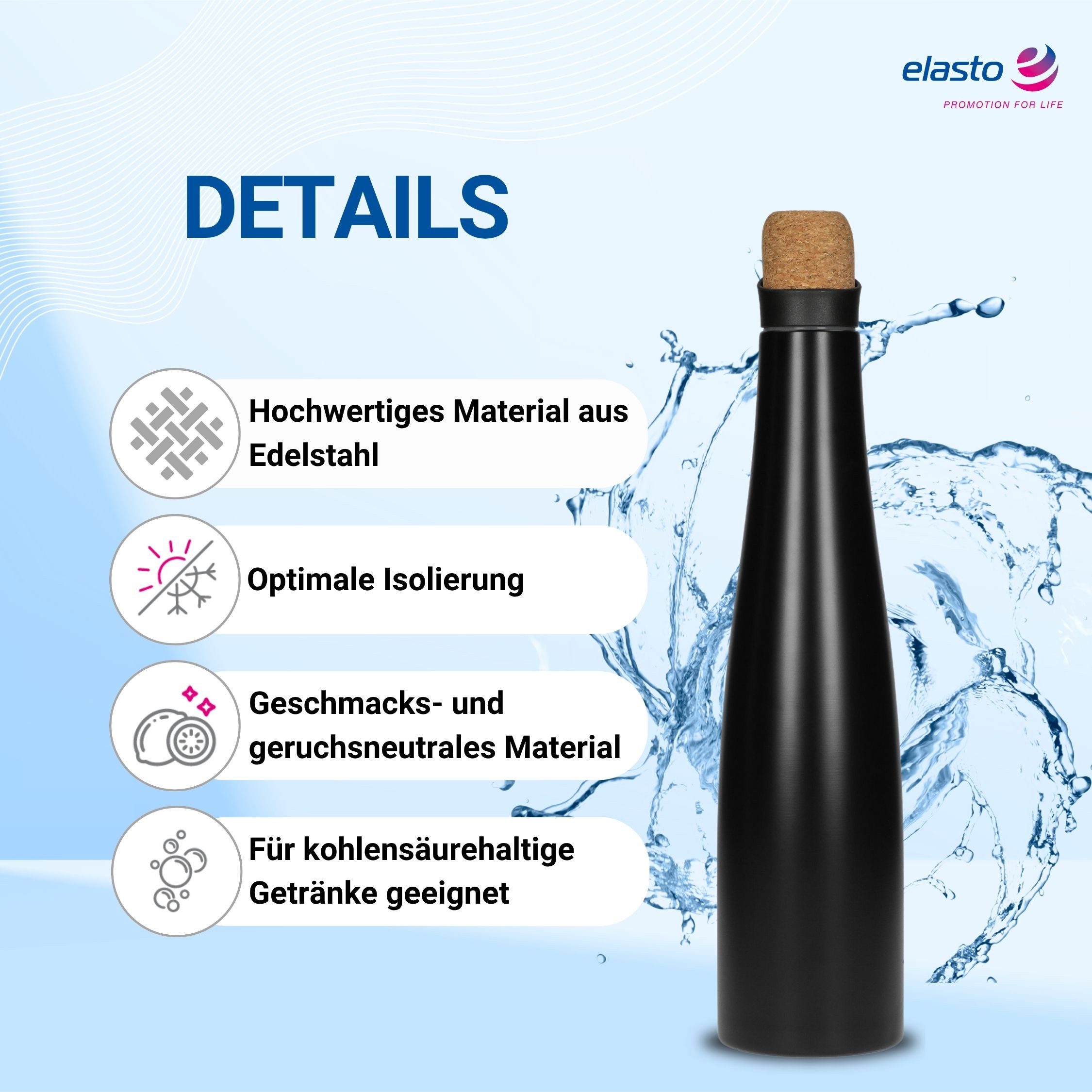 elasto Wasserkaraffe Thermo Karaffe 750 ml aus Edelstahl mit Deckel aus Kork