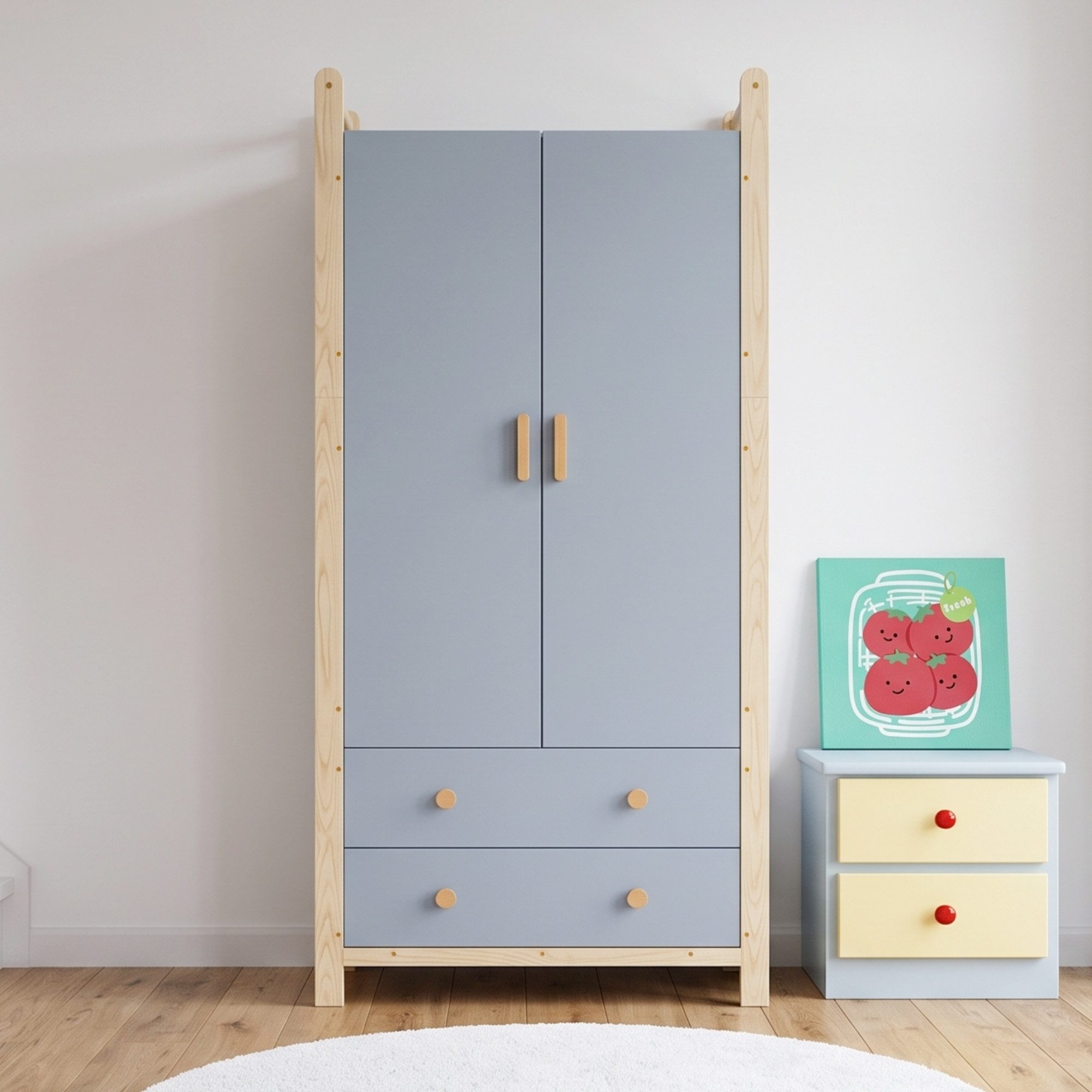 Ulife Kleiderschrank 90×45×180 cm, 2-türiger, mit Kleiderstange, 2 Schubladen (2-St) Flurgarderobe geeignet, aus Spanplatte, blauer Körper + Kieferrahmen