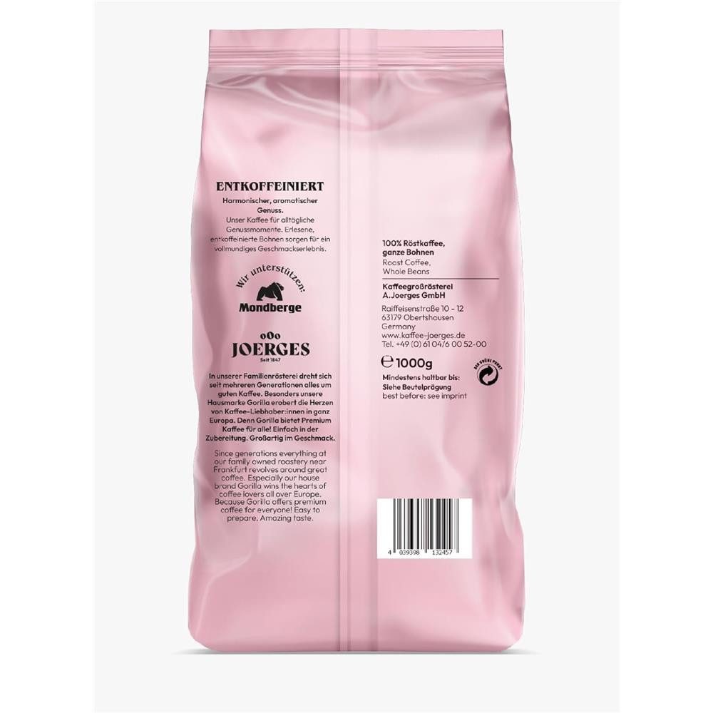Gorilla Kaffee Joerges Espresso Entkoffeiniert 3x1kg Bohnen Kaffeebohnen, 3 x 1000 g, mit nussigen, schokoladigen und würzigen Noten