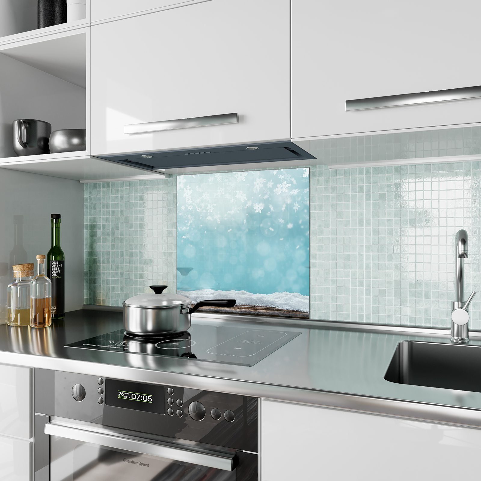 Küchenrückwand Glas Spritzschutz Küchenrückwand Motiv Winter Primedeco mit Eissterne im