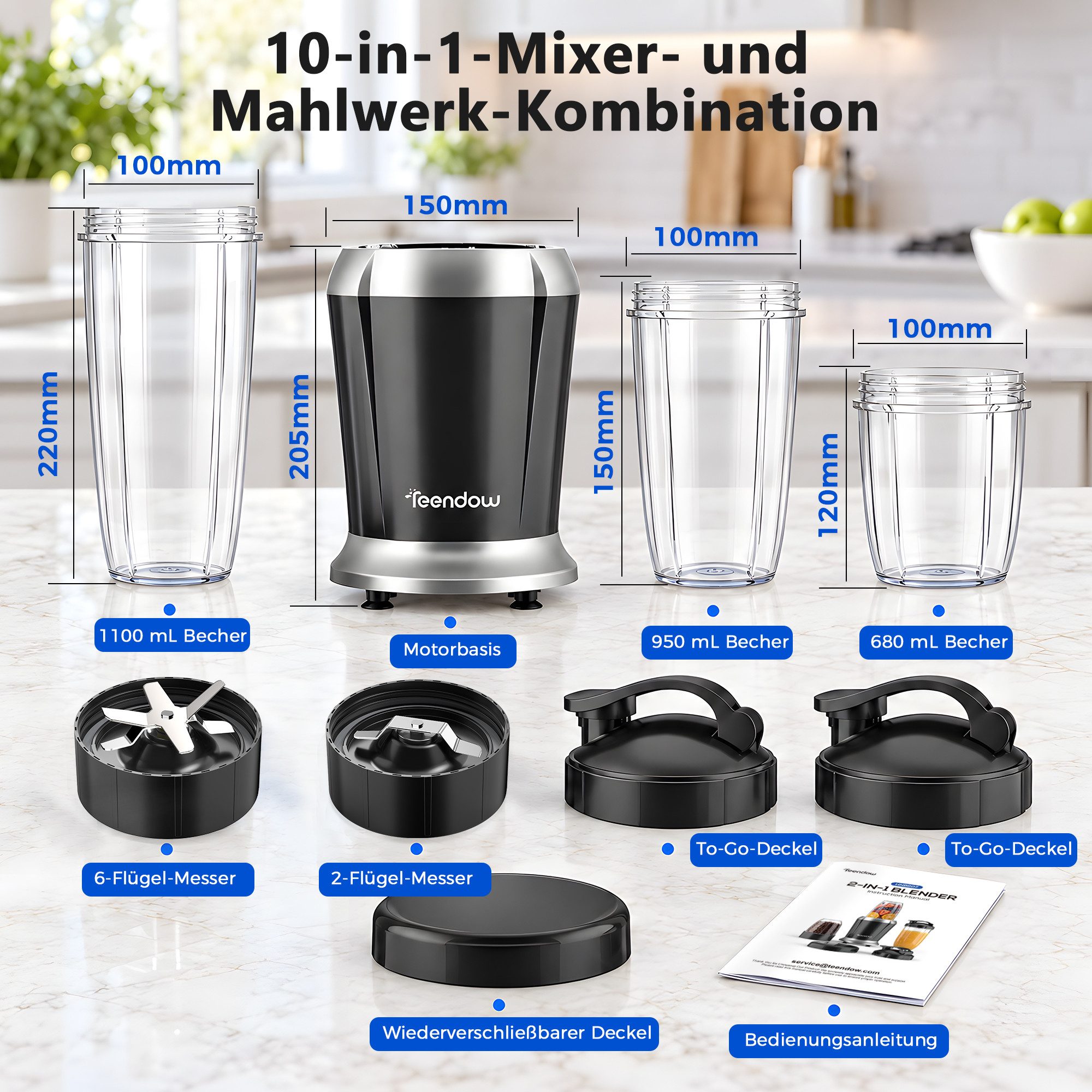 Teendow Standmixer Smoothie Maker Mixer 1200W Hochleistungsmixer HNB607, 1200 W, 1.1L, 6 Klingen, Leicht zu tragen, Sicher, rutschfest – Bild 3 von 5