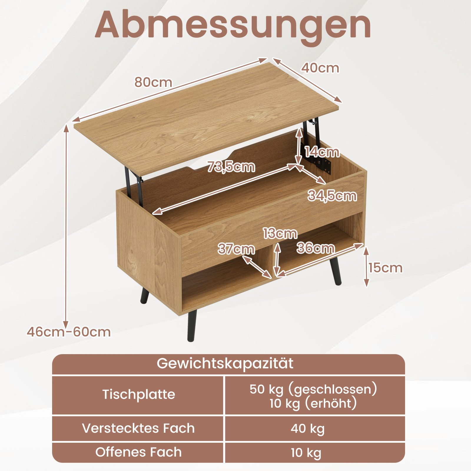 COSTWAY Couchtisch, höhenverstellbar, Stauraum mit 2 Fächern, 80x40x44,5-85 günstig online kaufen