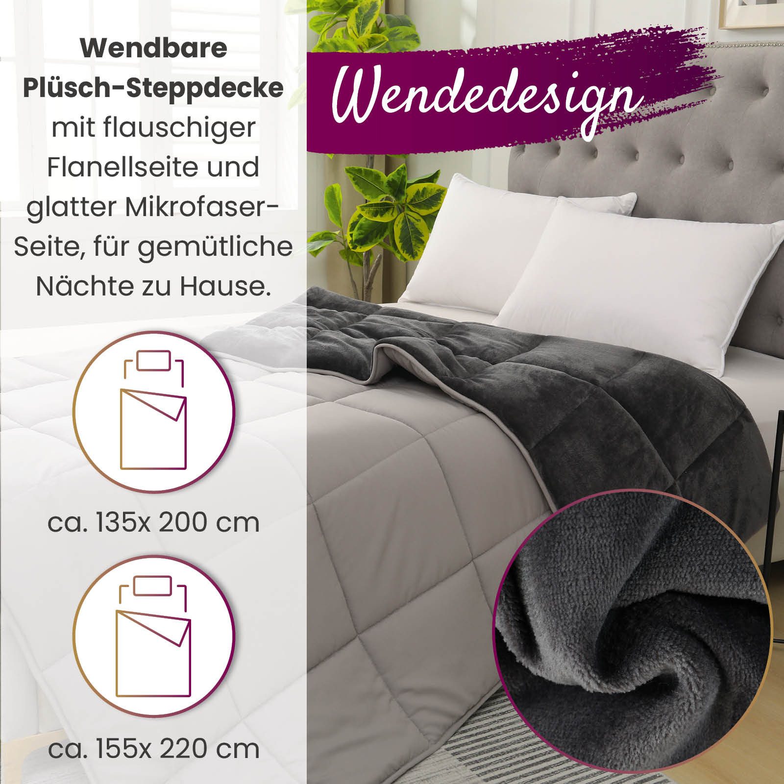 wometo Microfaserbettdecke Plüsch Steppbett Bi-Color 135x200 cm, Füllung: Kunstfaser, OEKO-TEX®, gesteppte Bettdecke mit flauschiger Flanellseite