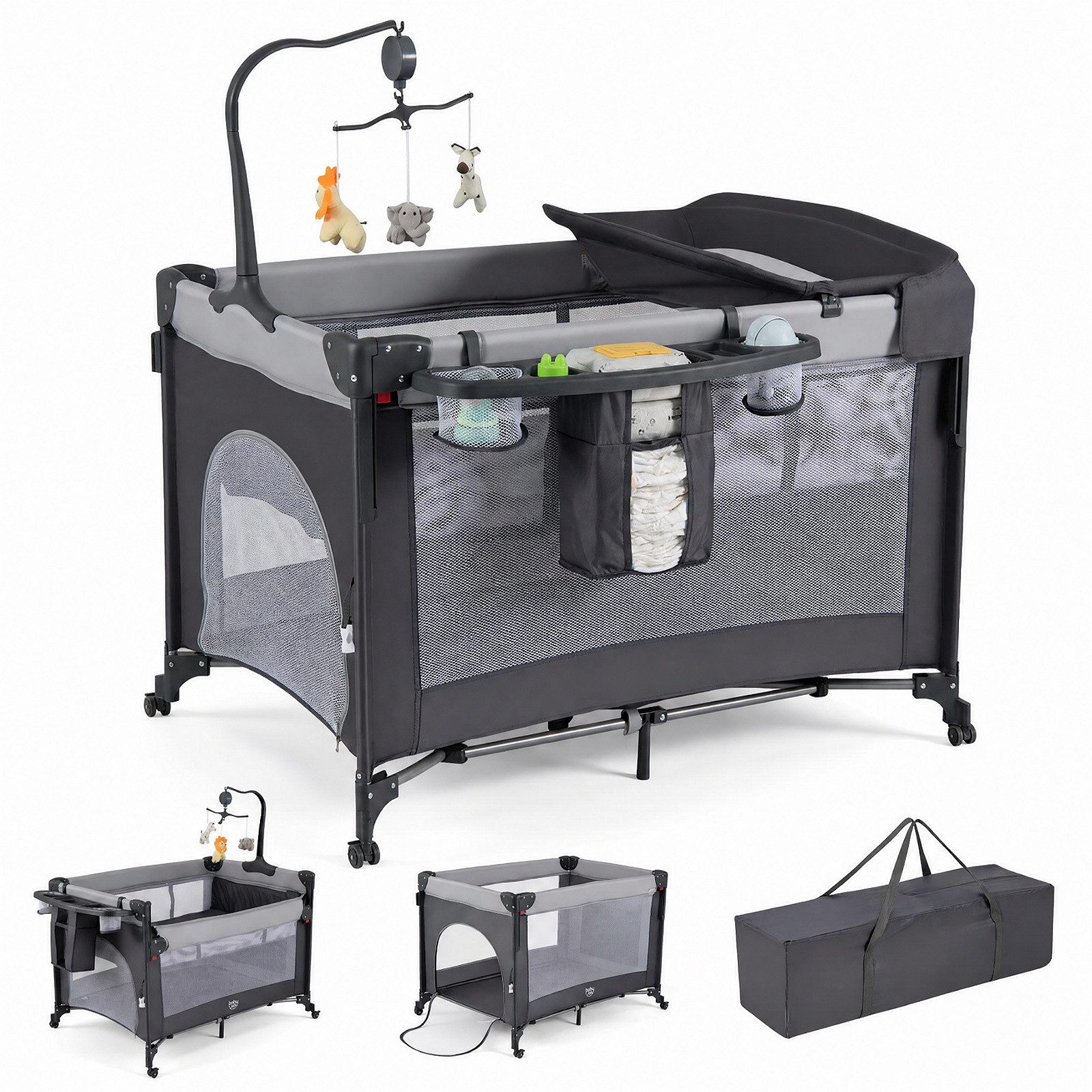 COSTWAY Baby-Reisebett Babybett Beistellbett, klappbar, mit Wickeltisch, Rollen, Ablage & Tragetasche