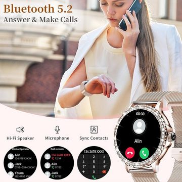 Fitonus Damen mit Telefonfunktion Touchscreen Smartwatch (1,3 Zoll, Android iOS), mit Periodenverfolgung, 110+ Sport, Herzfrequenz, SpO2 Schlafmonitor