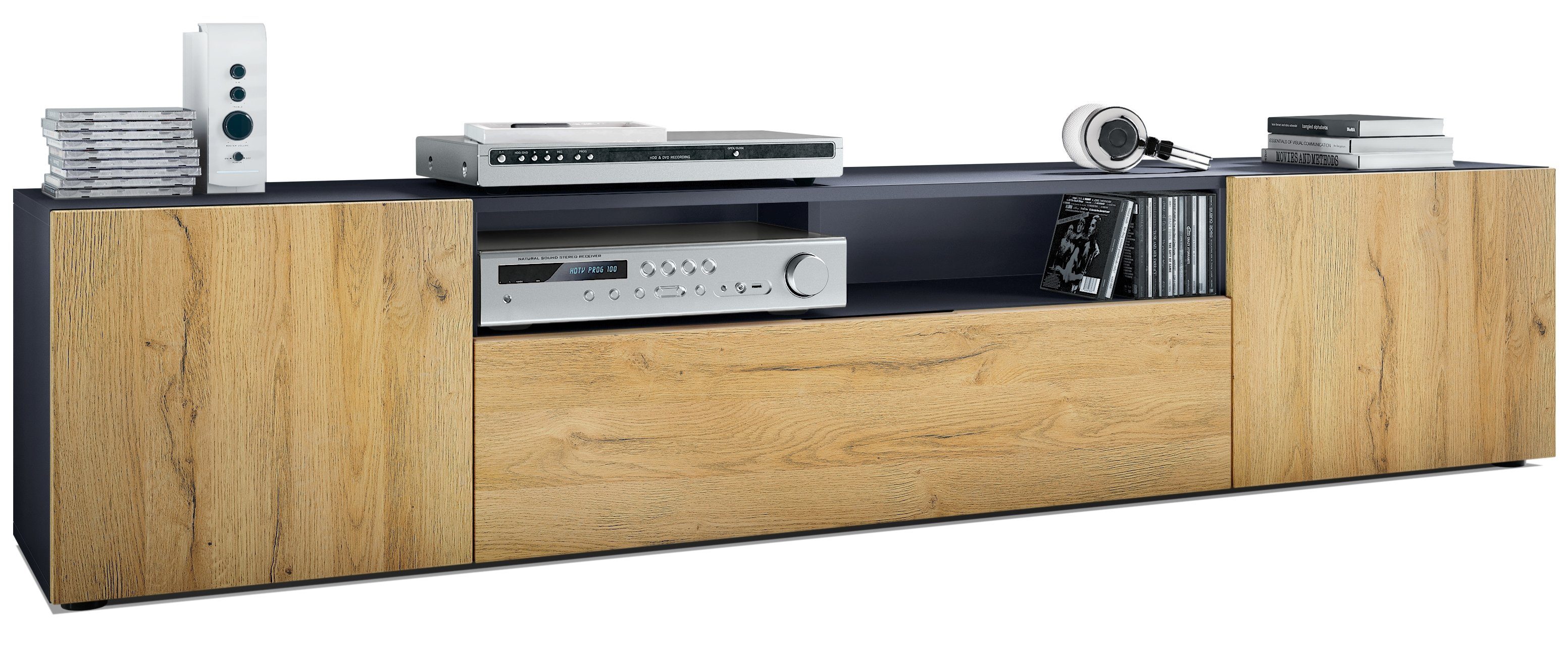 Vladon Lowboard Mogan (TV-Kommode, mit 2 Türen, 1 Klappe und 1 offenes Fach), Anthrazit matt/ Eiche Natur (181 x 39 x 35 cm)