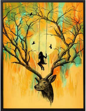 Wall-Art Poster Orange Hirsch Geweih Schaukel, Tiere (1 St), Poster ohne Bilderrahmen