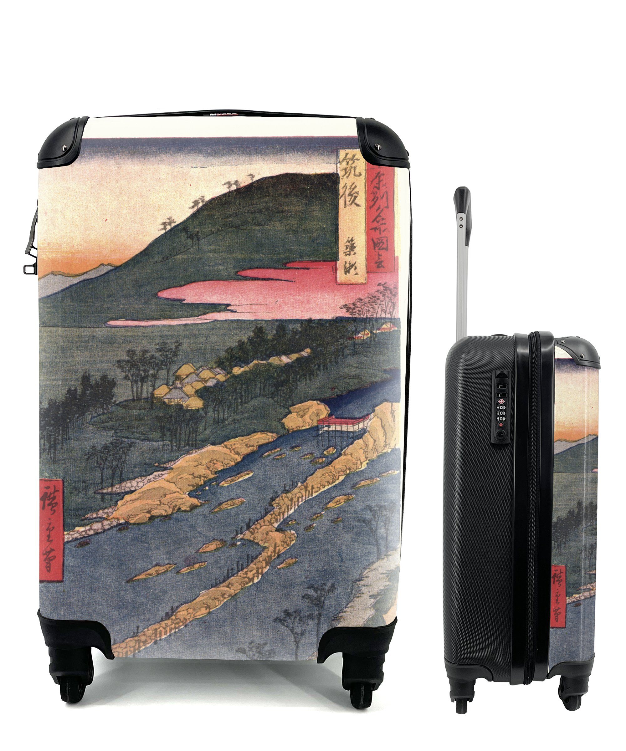 MuchoWow Handgepäckkoffer Vintage-Gravur Japanische Landschaft, 4 Rollen, Reisetasche mit rollen, Handgepäck für Ferien, Trolley, Reisekoffer