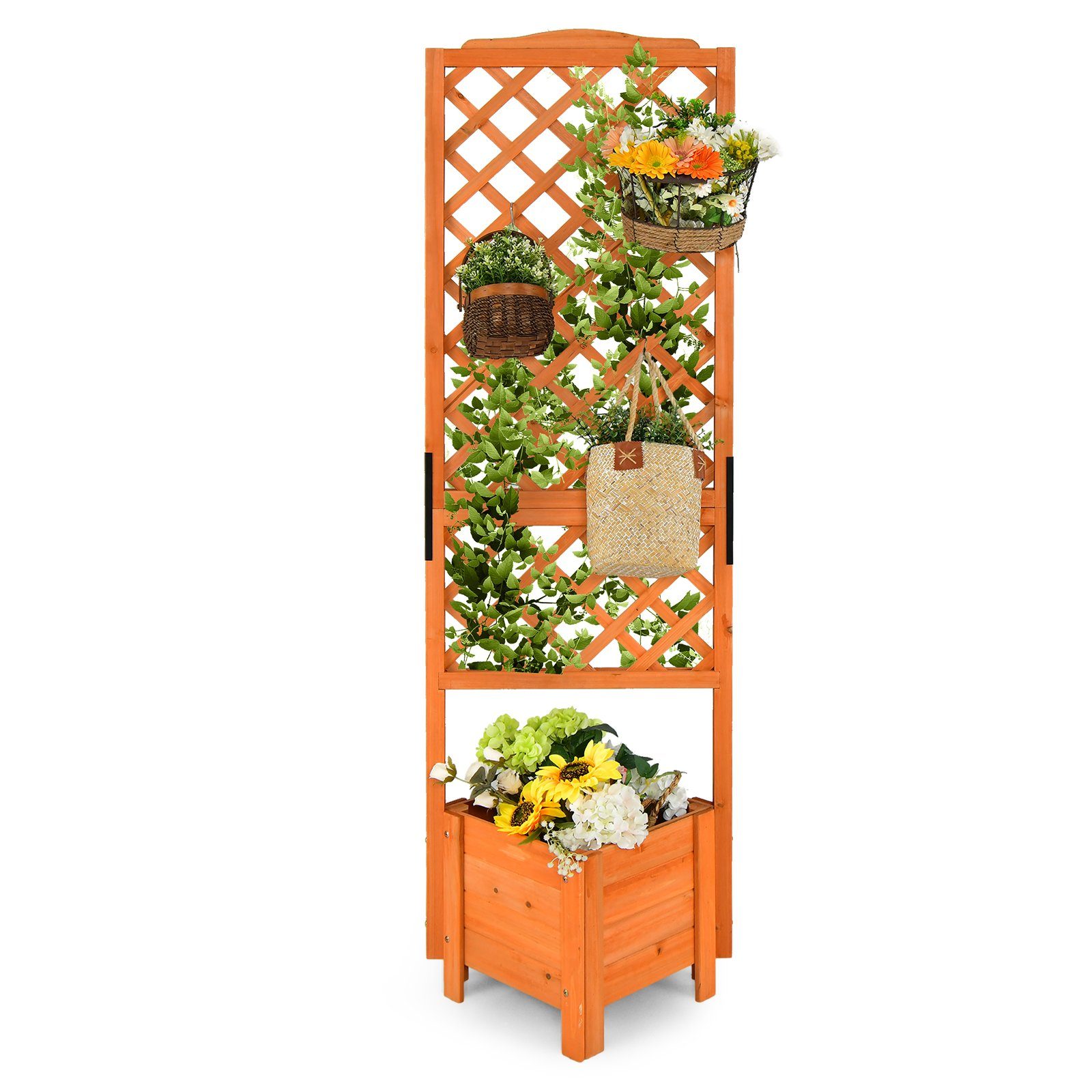 COSTWAY Blumenkasten, Blumenkübel mit Rankgitter, Spalier & Drainageloch