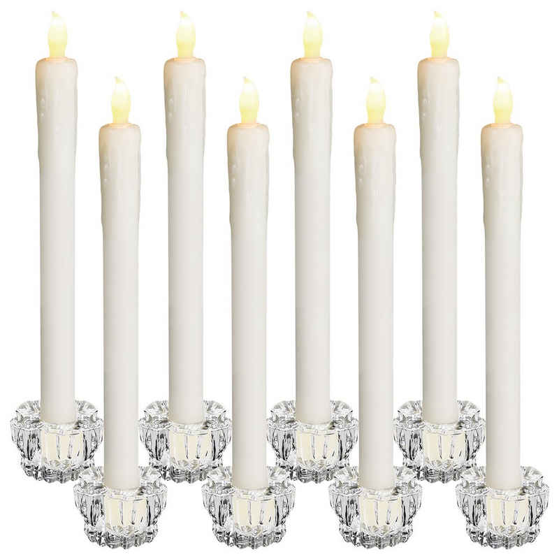 monzana LED-Kerze, 8 LED Echtwachs Stabkerzen mit Kerzenständern Glas Flackernd Batteriebetrieben Ø2,1 x 26cm Tafelkerzen Kerzen creme weiß