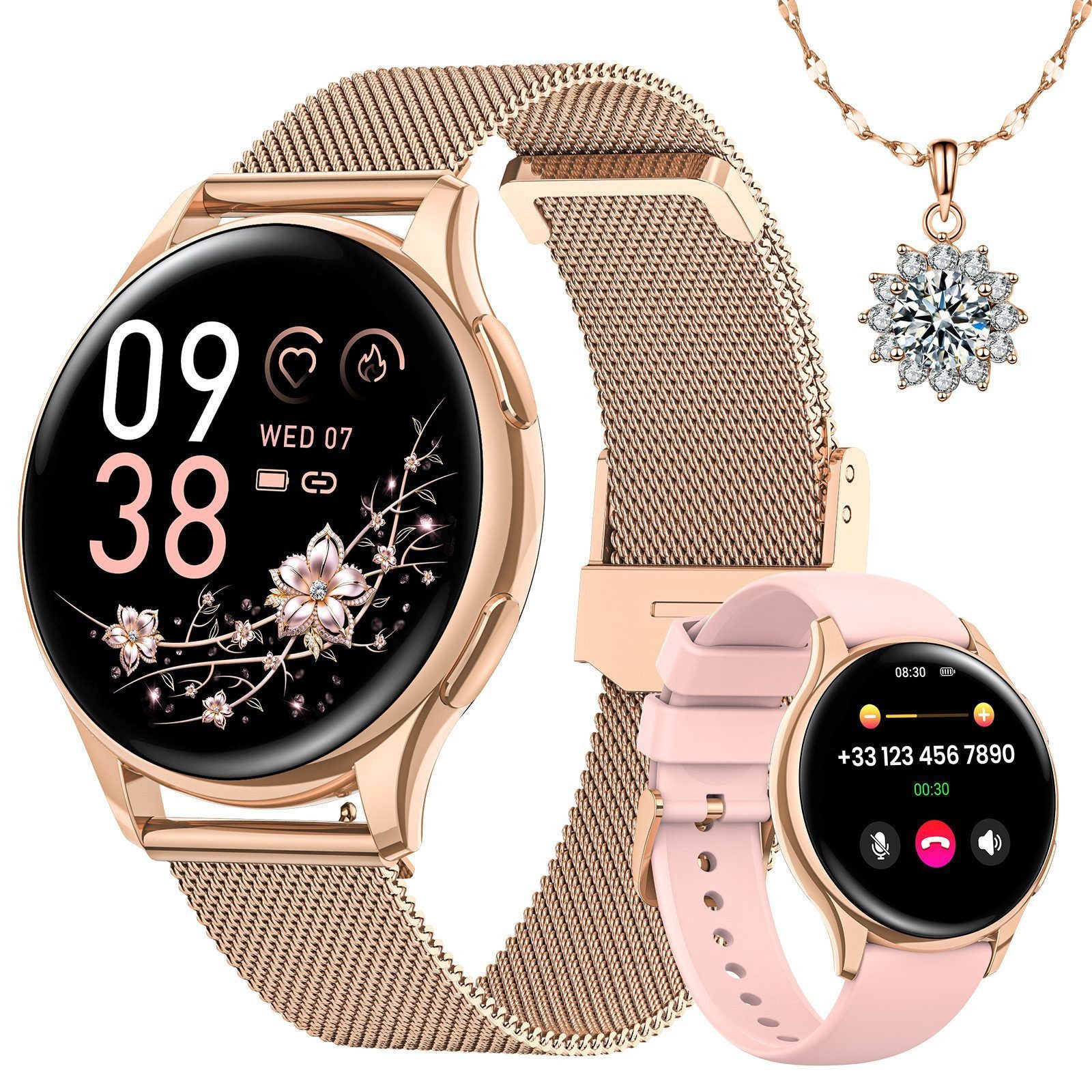 SWGOTA 2026 NEW Smartwatch Damen Fitnessuhr Damen mit Pulsuhr,SpO2,Blutdruck Smartwatch (3.23 cm/1,27 Zoll, High-Definition-Display), IP68 Smartwatch Damen rund mit Anrufe,Schlafmonitor,Edle Halskette