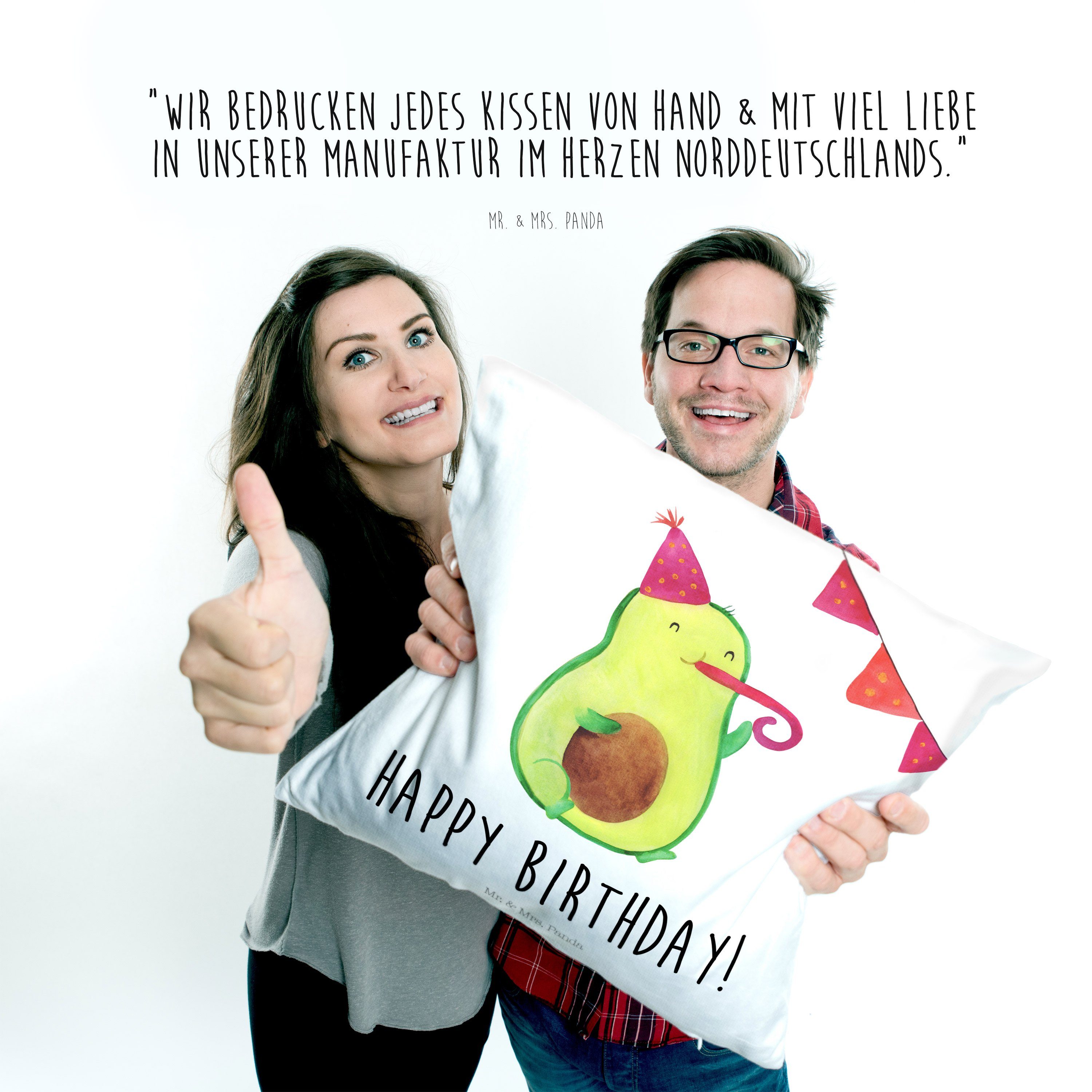 Motivkissen, Birthday & Mr. Panda Geschenk, Dekokissen Mrs. Dekoki - Überraschung, Weiß Avocado -
