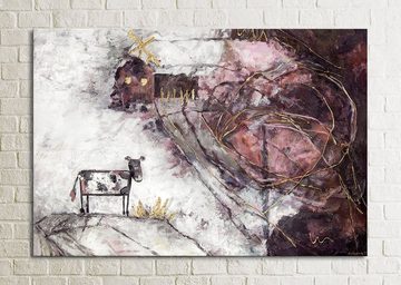 YS-Art Gemälde Begegnungen, Tiere, Mühle Kuh Leinwand Bild Handgemalt Lila Gold