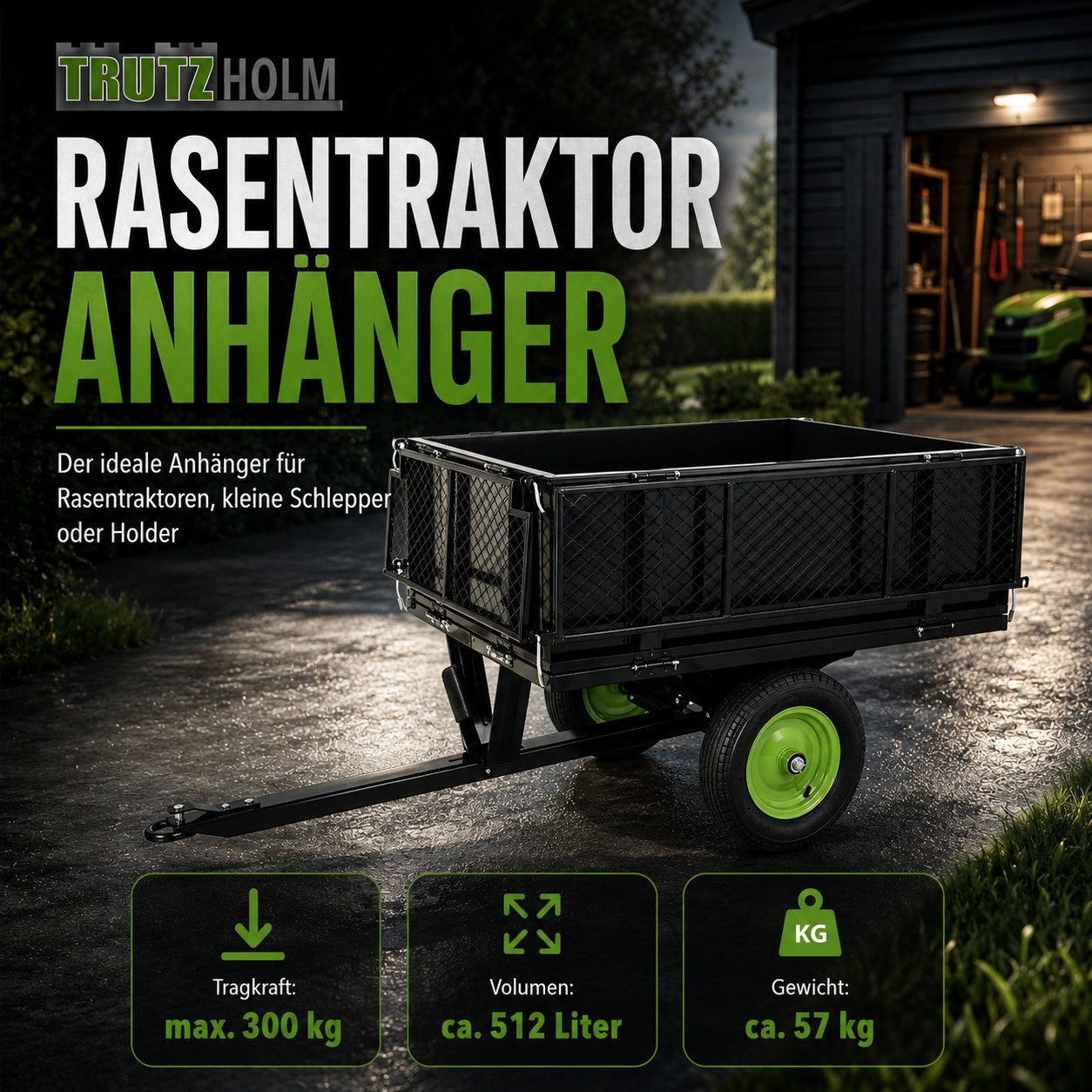 TRUTZHOLM Rasentraktoranhänger Rasentraktor Anhänger Kippanhänger 300 kg kippbar mit Kupplung