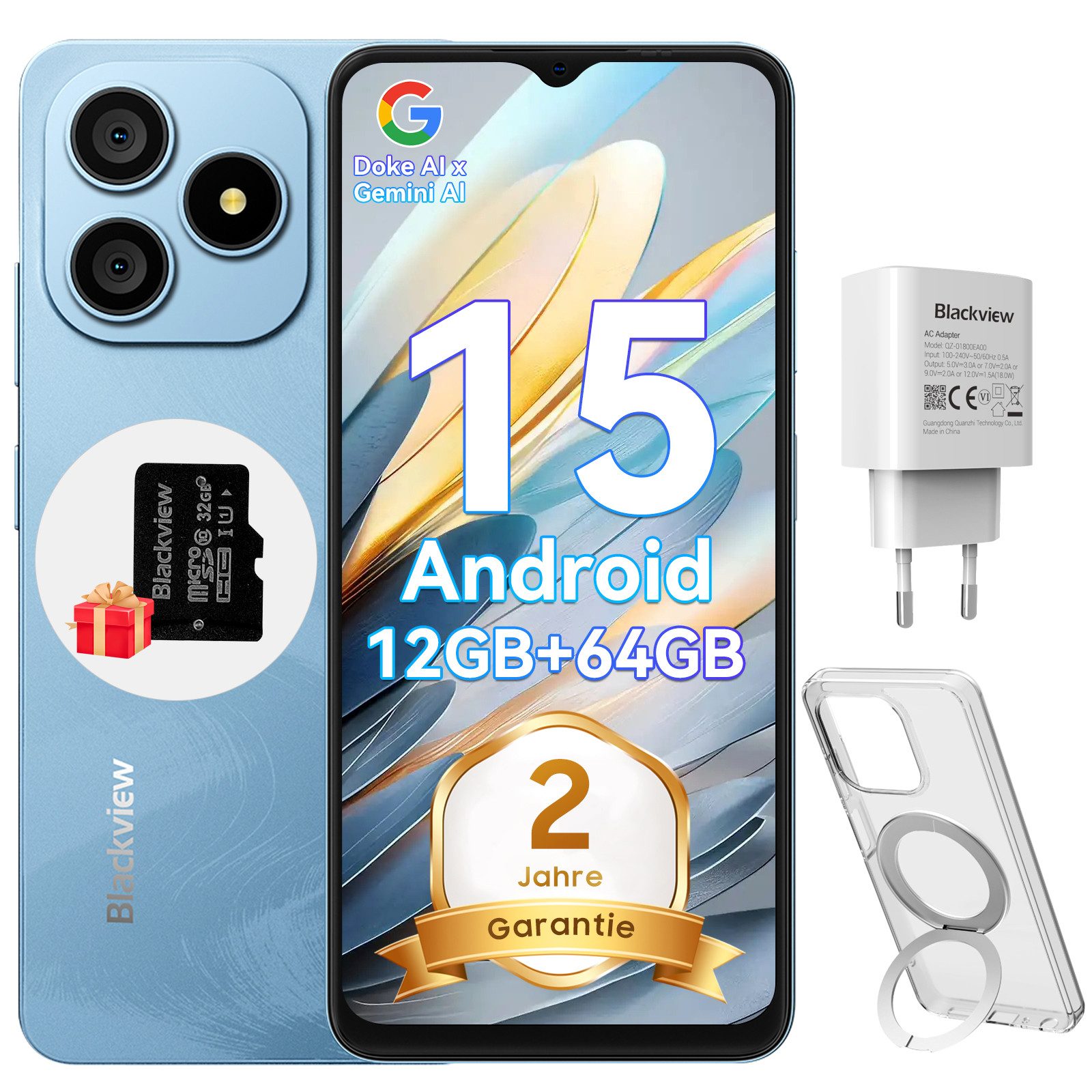 blackview WAVE 9C AI incl. 18W Ladegerät Smartphone (6,56 Zoll, 64 GB Speicherplatz, 13 MP Kamera, 13MP, Android 15, fingerprint, OTG)