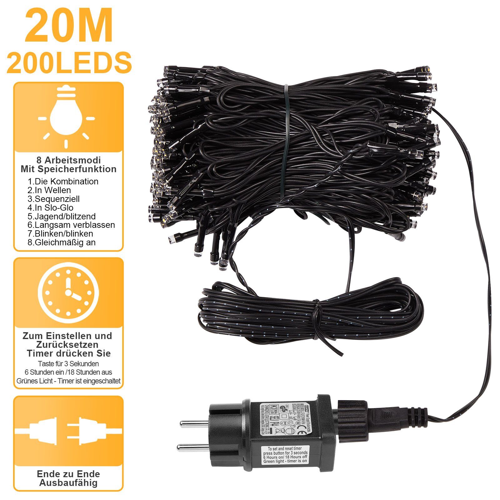 Sunicol LED-Lichterkette 5-100M lichterkette innen, USB/mit Stecker, Warmweiß, 200-flammig, Dimmbar, 8 Modi, Timer, für Weihnachten Garten Party